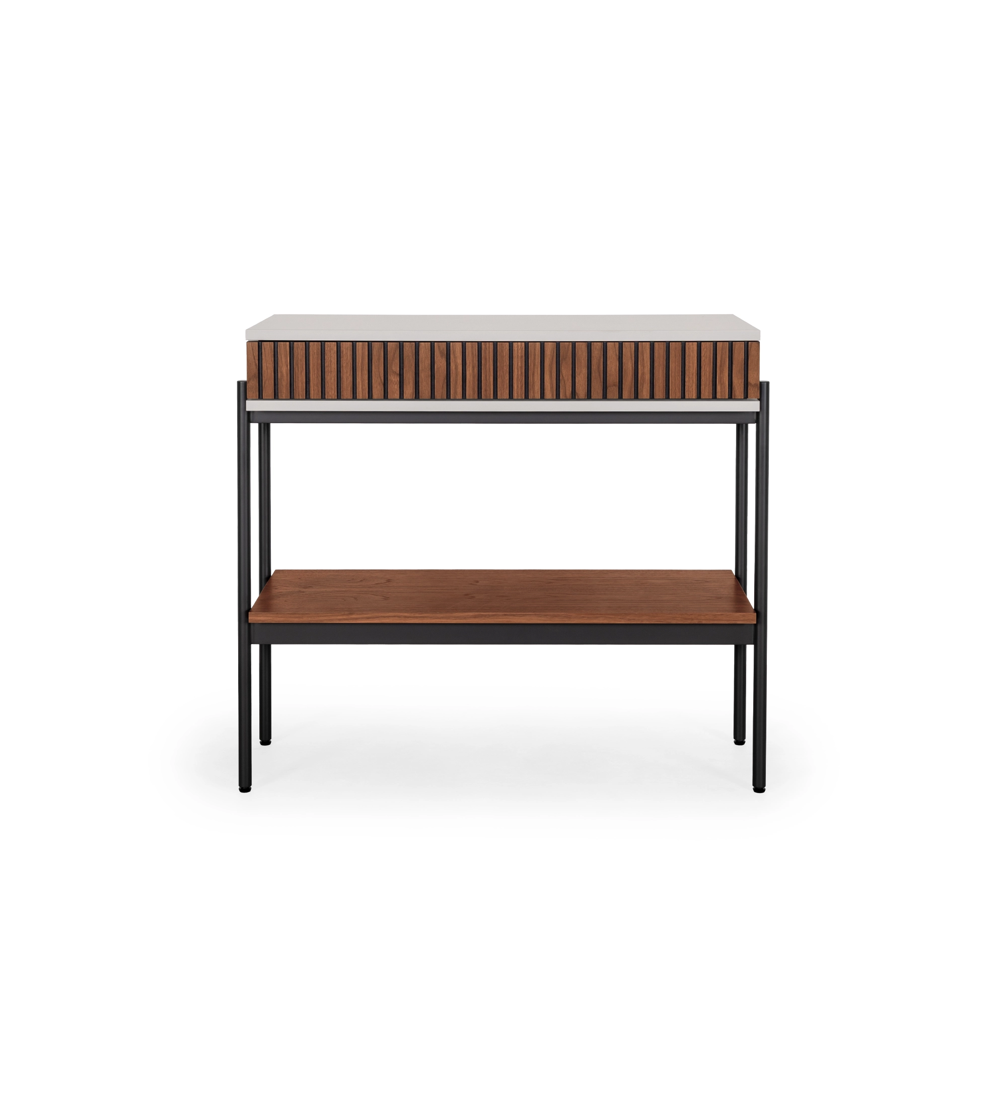 Console with drawer and shelf in natural walnut, pearl structure and black lacquered metal feet with levelers.