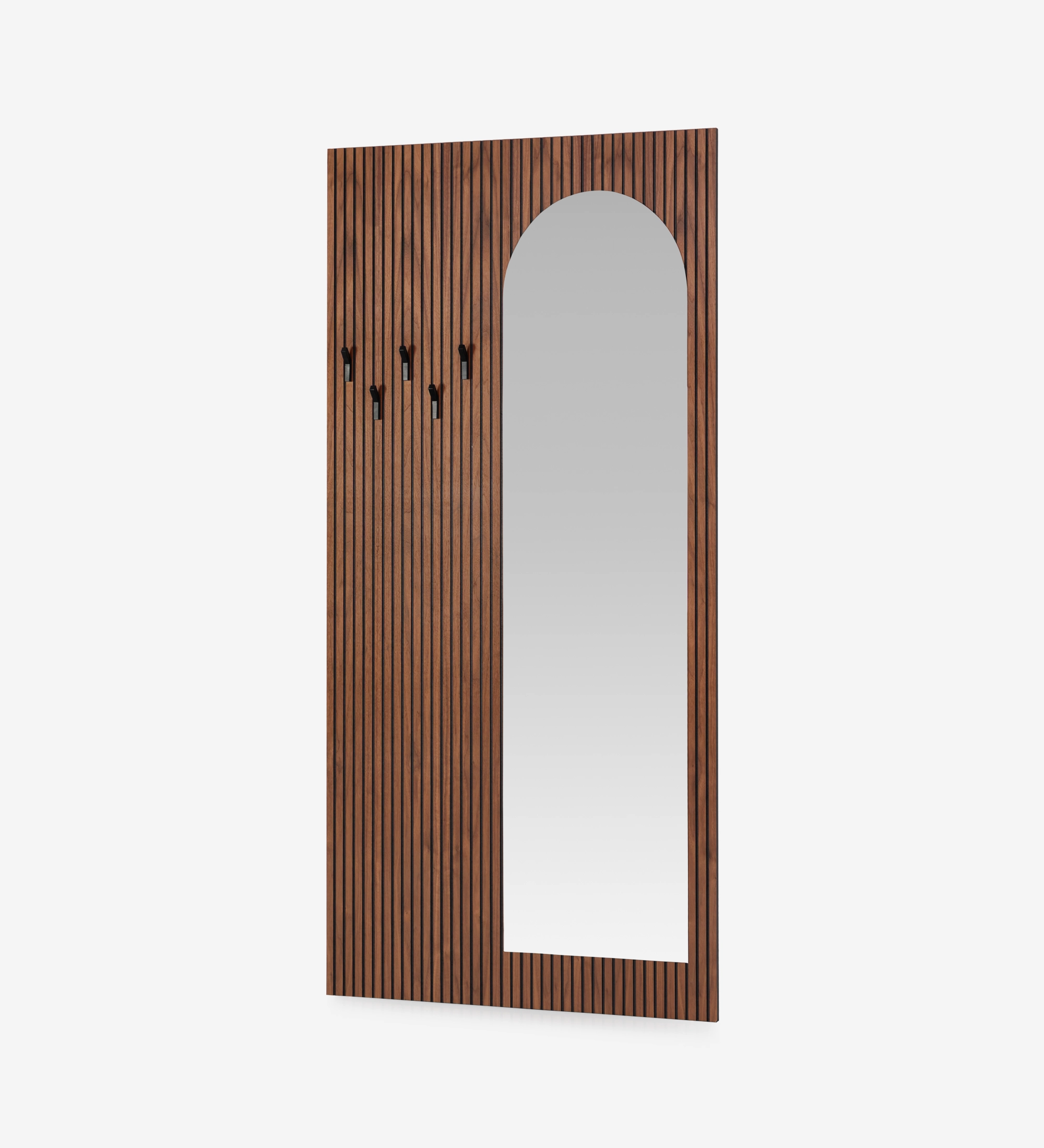 Panneau pour hall d'entrée en noyer naturel avec frises, avec miroir, crochets en noir.