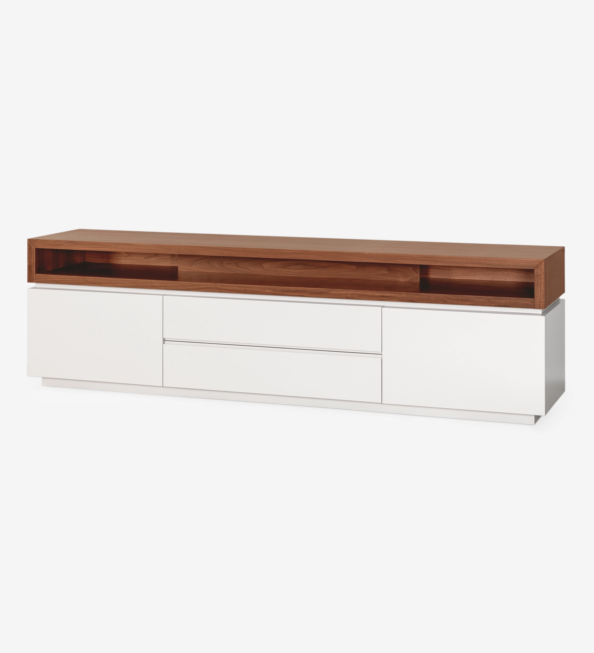 Meuble TV Nice structure laquée perle et module supérieur en noyer naturel, 235 x 67,5 cm.