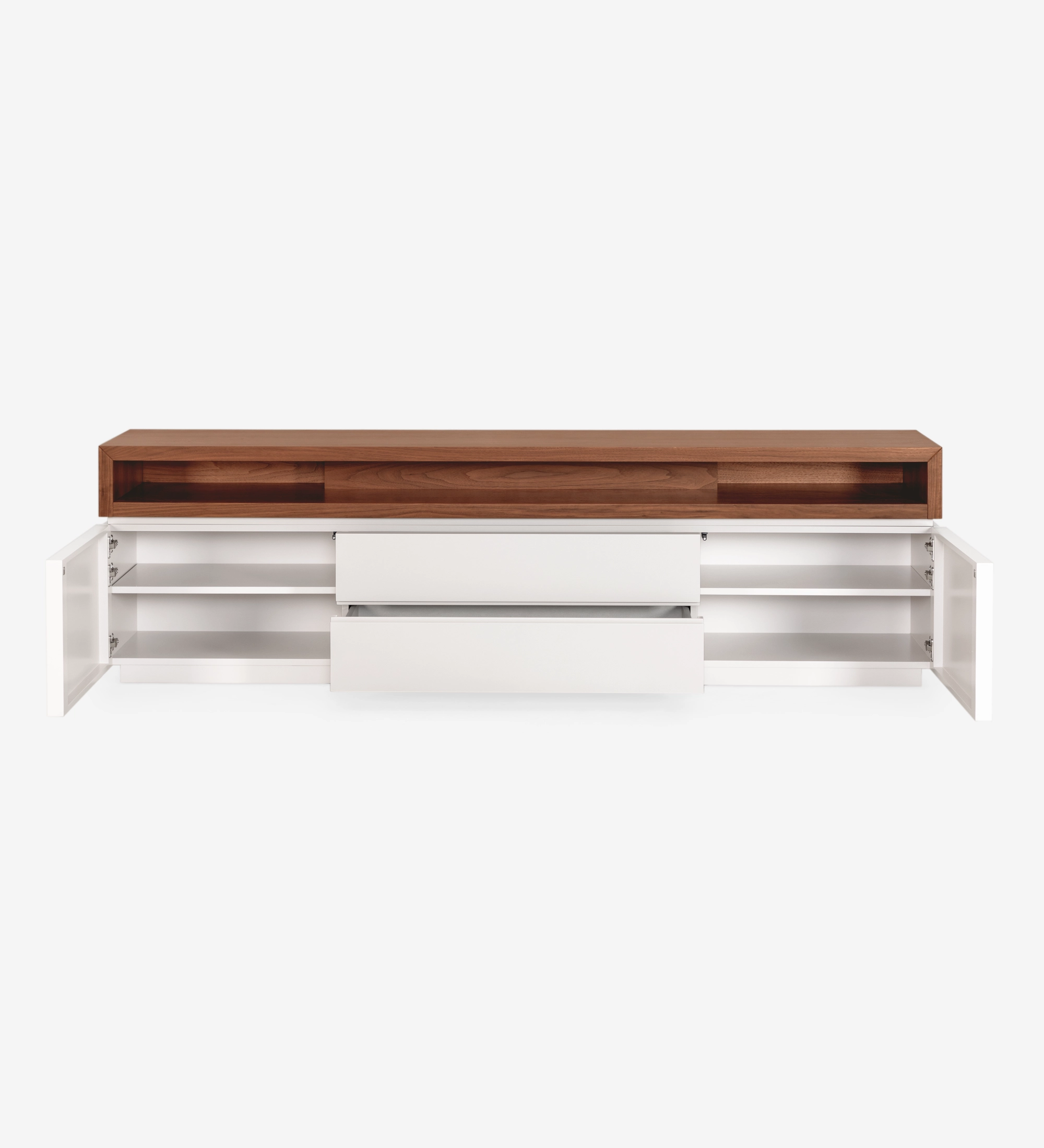 Meuble TV Nice structure laquée perle et module supérieur en noyer naturel, 235 x 67,5 cm.