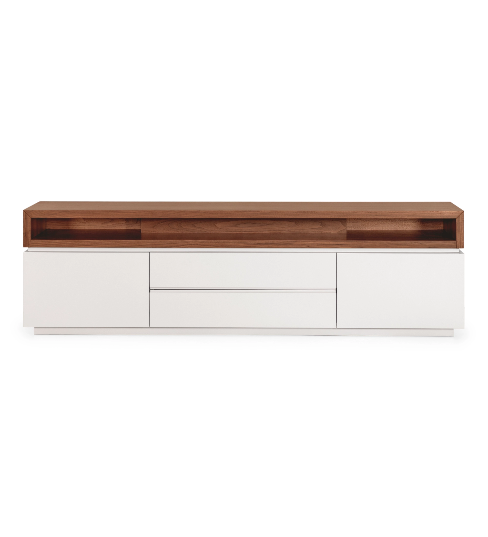 Bonito mueble TV con estructura lacada perla y módulo superior en nogal natural de 235 x 67,5 cm.