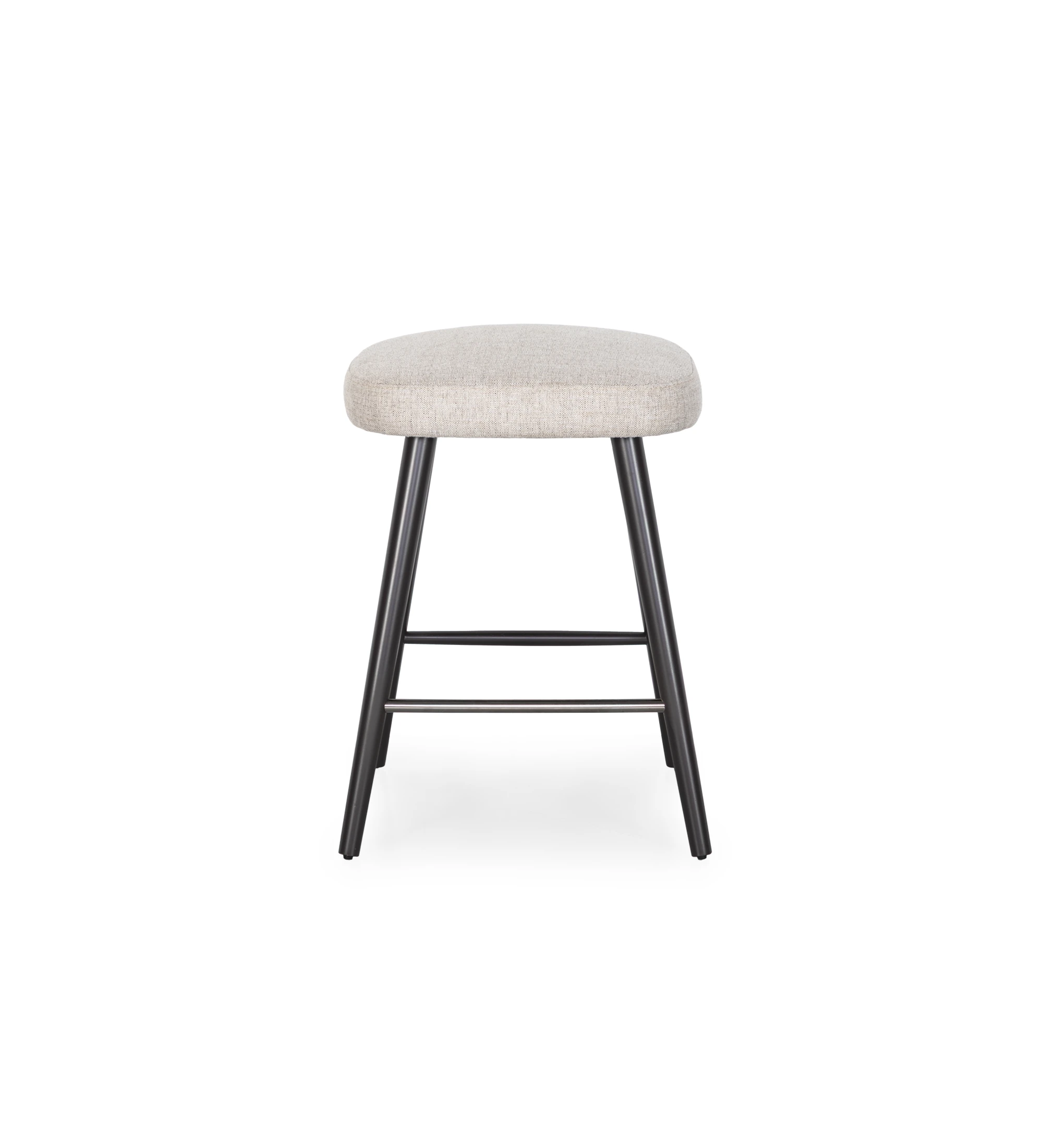 Stool upholstered in grey fabric, with black lacquered feet and stainless steel footrest.