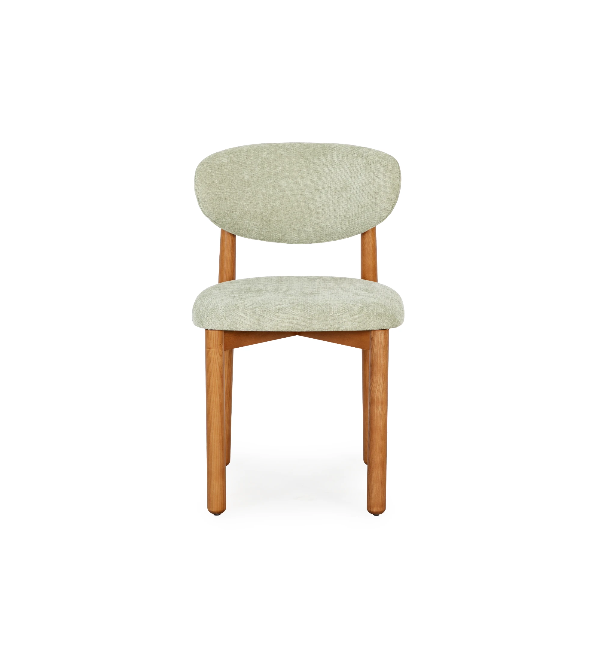 Chair in honey-colored ash wood, with seat and backrest upholstered in green fabric.