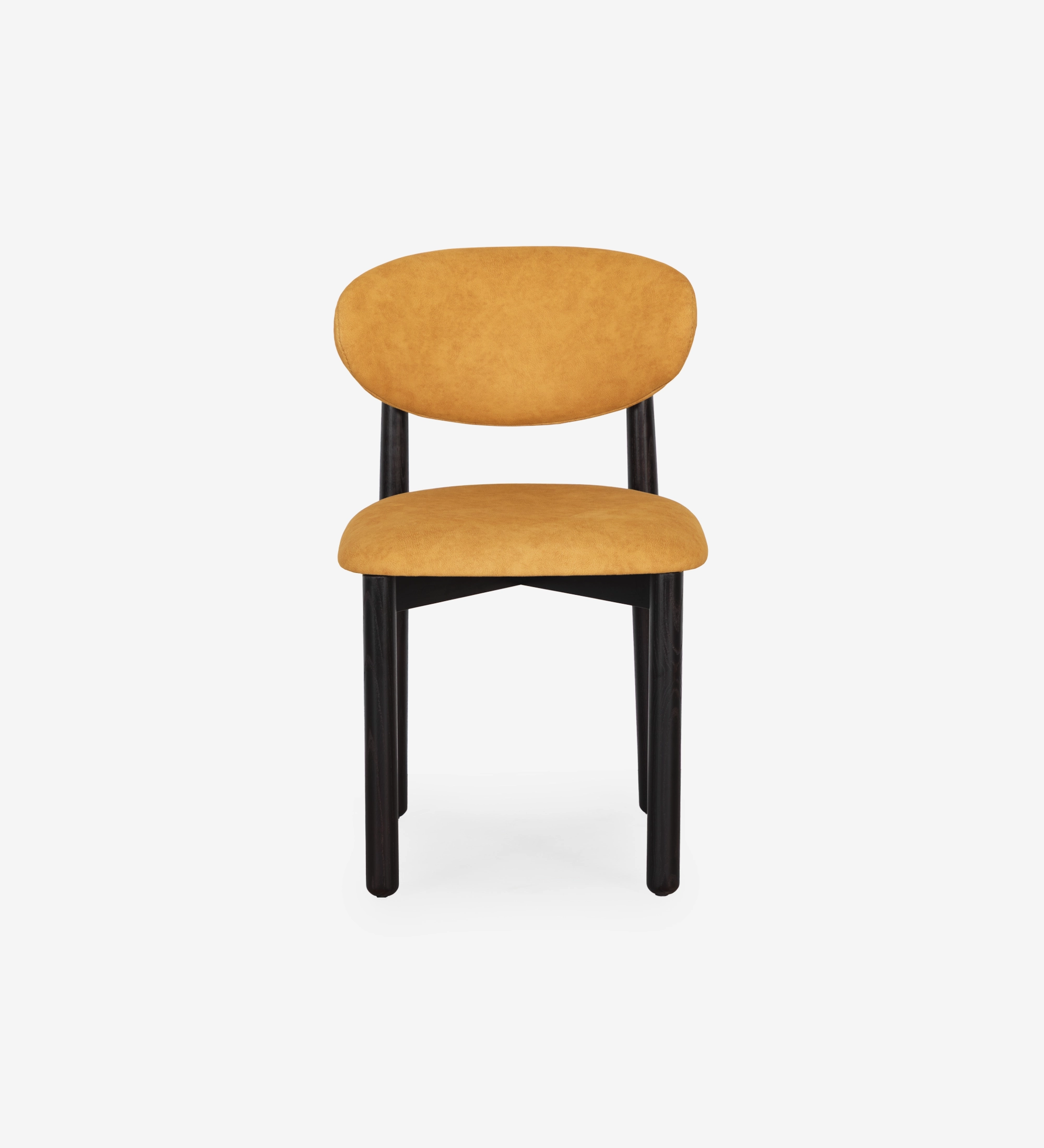 Ash wood chair in wenge color, with seat and backrest upholstered in yellow fabric.