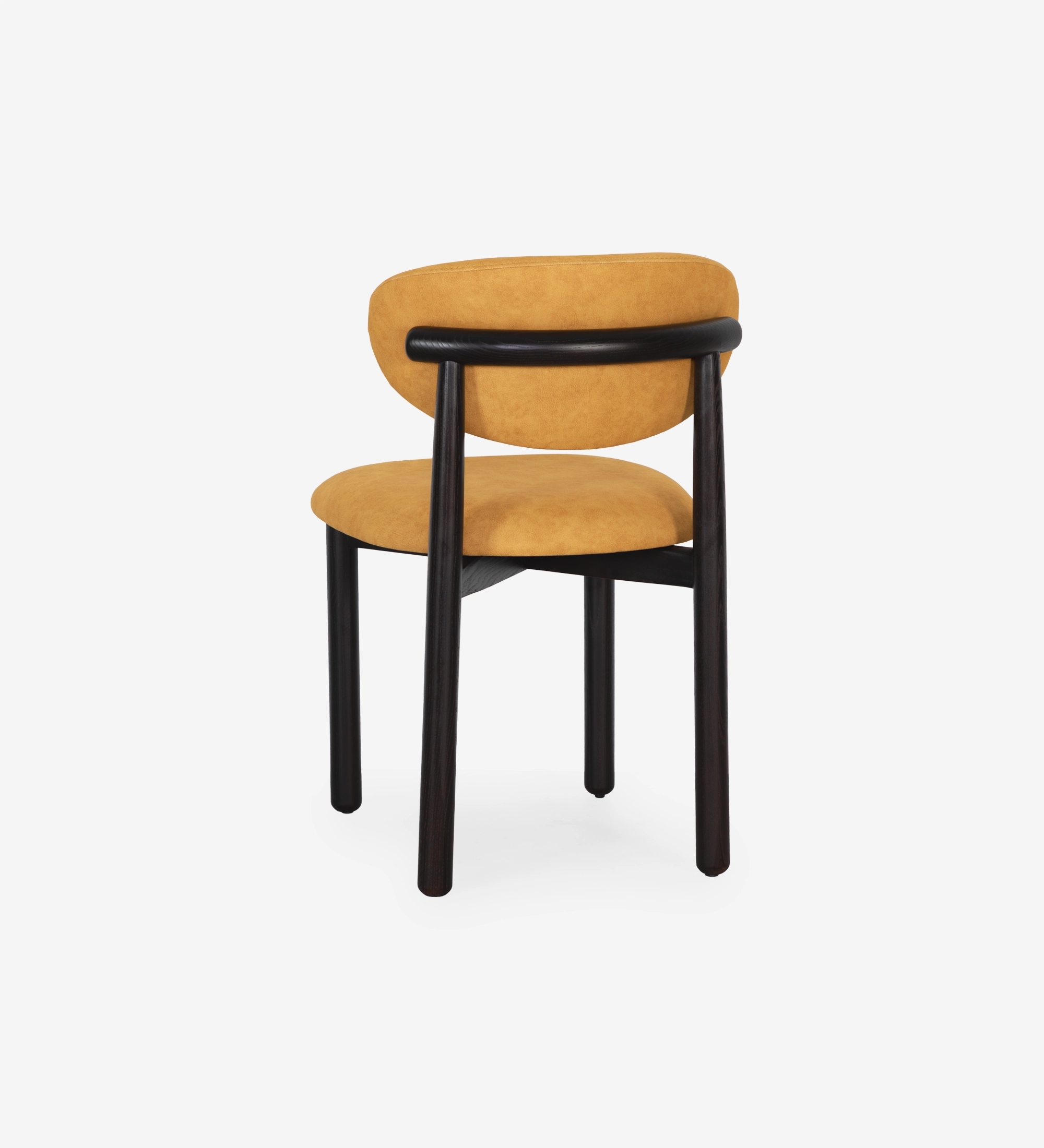Ash wood chair in wenge color, with seat and backrest upholstered in yellow fabric.