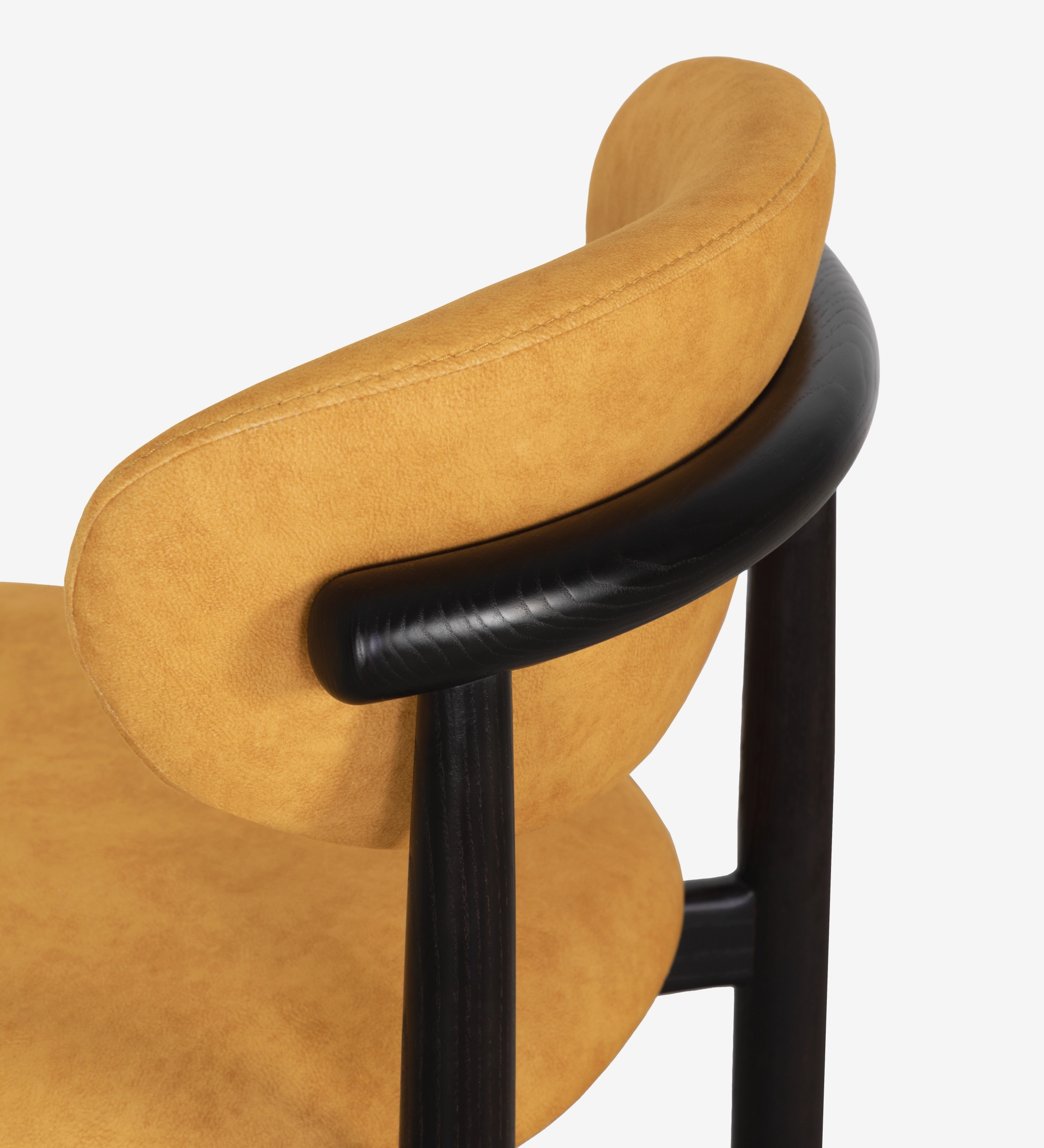 Ash wood chair in wenge color, with seat and backrest upholstered in yellow fabric.