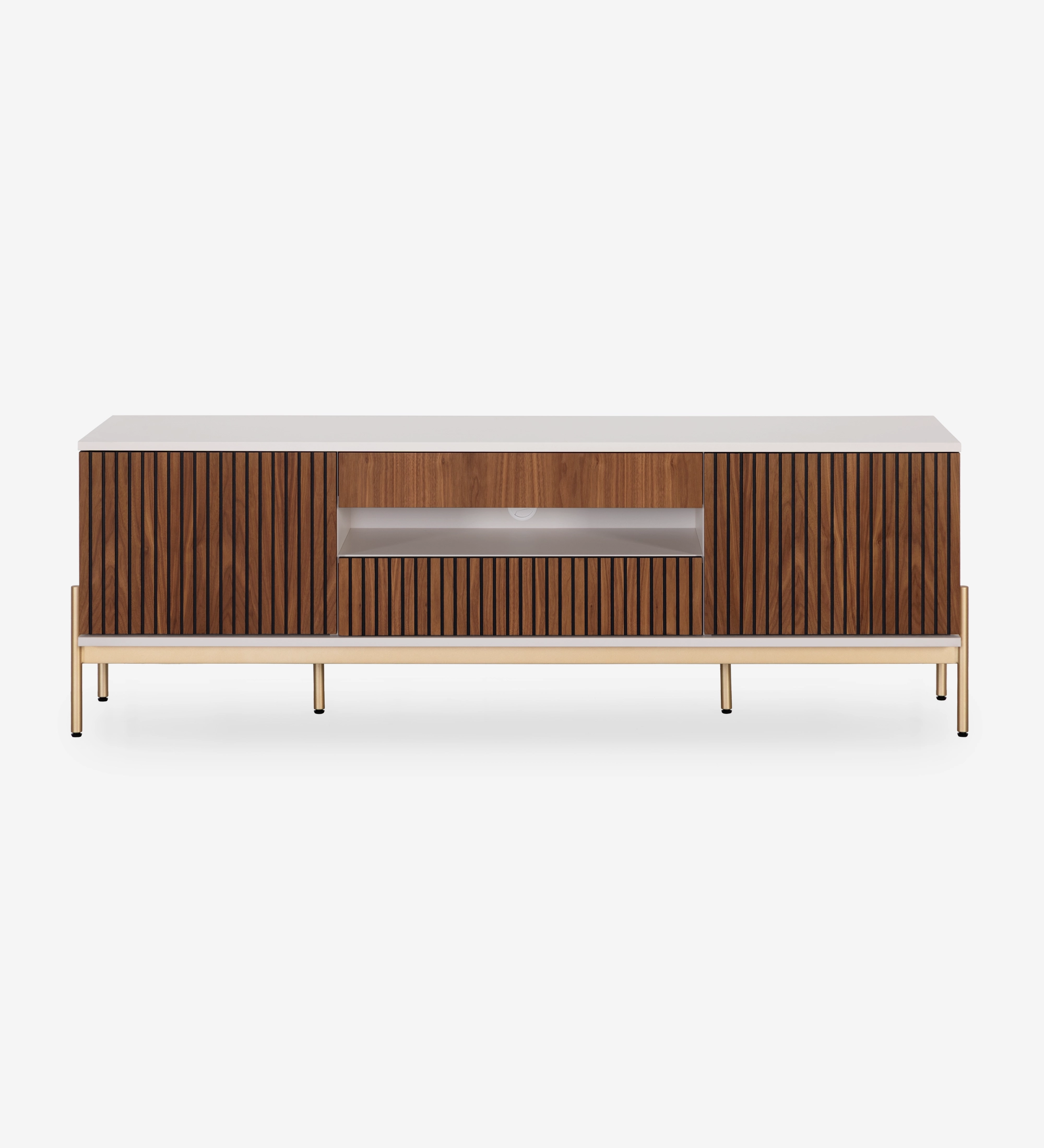 Mueble TV Cannes 2 puertas y 2 cajones en nogal natural, estructura perla y pies en metal lacado dorado con niveladores, 200 x 64,5 cm.