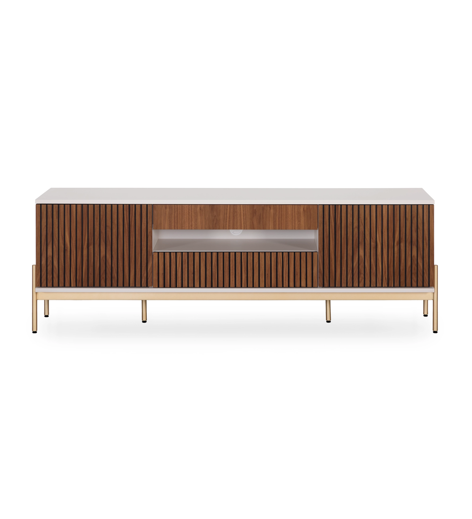 Cannes TV stand 2 doors and 2 drawers in natural walnut, pearl structure and gold lacquered metal feet with levelers, 200 x 64,5 cm.