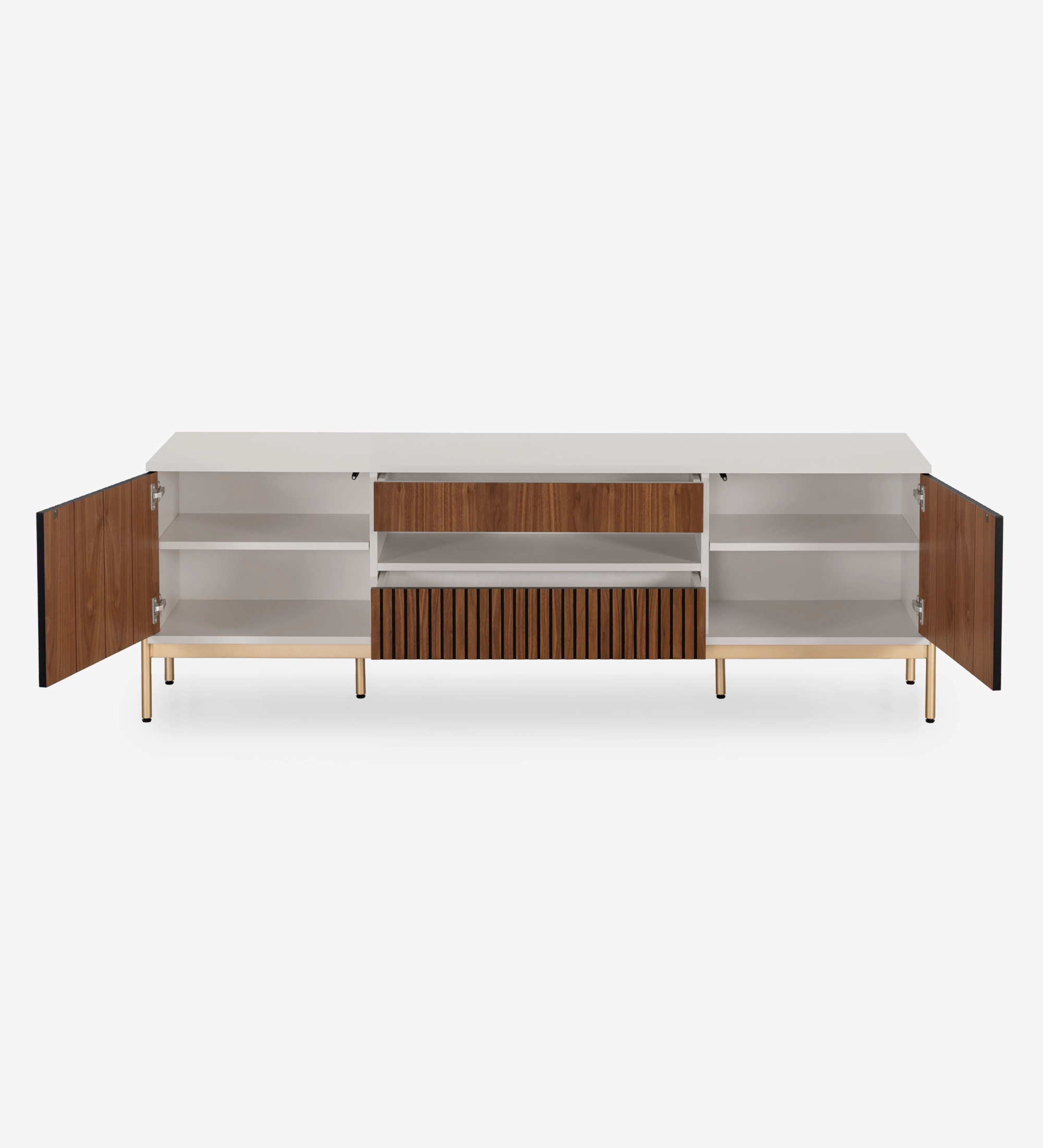 Mueble TV Cannes 2 puertas y 2 cajones en nogal natural, estructura perla y pies en metal lacado dorado con niveladores, 200 x 64,5 cm.