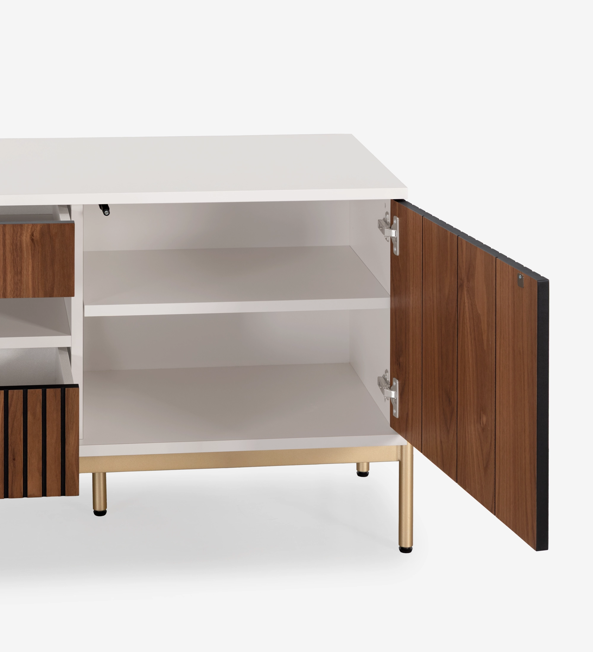 Mueble TV Cannes 2 puertas y 2 cajones en nogal natural, estructura perla y pies en metal lacado dorado con niveladores, 200 x 64,5 cm.