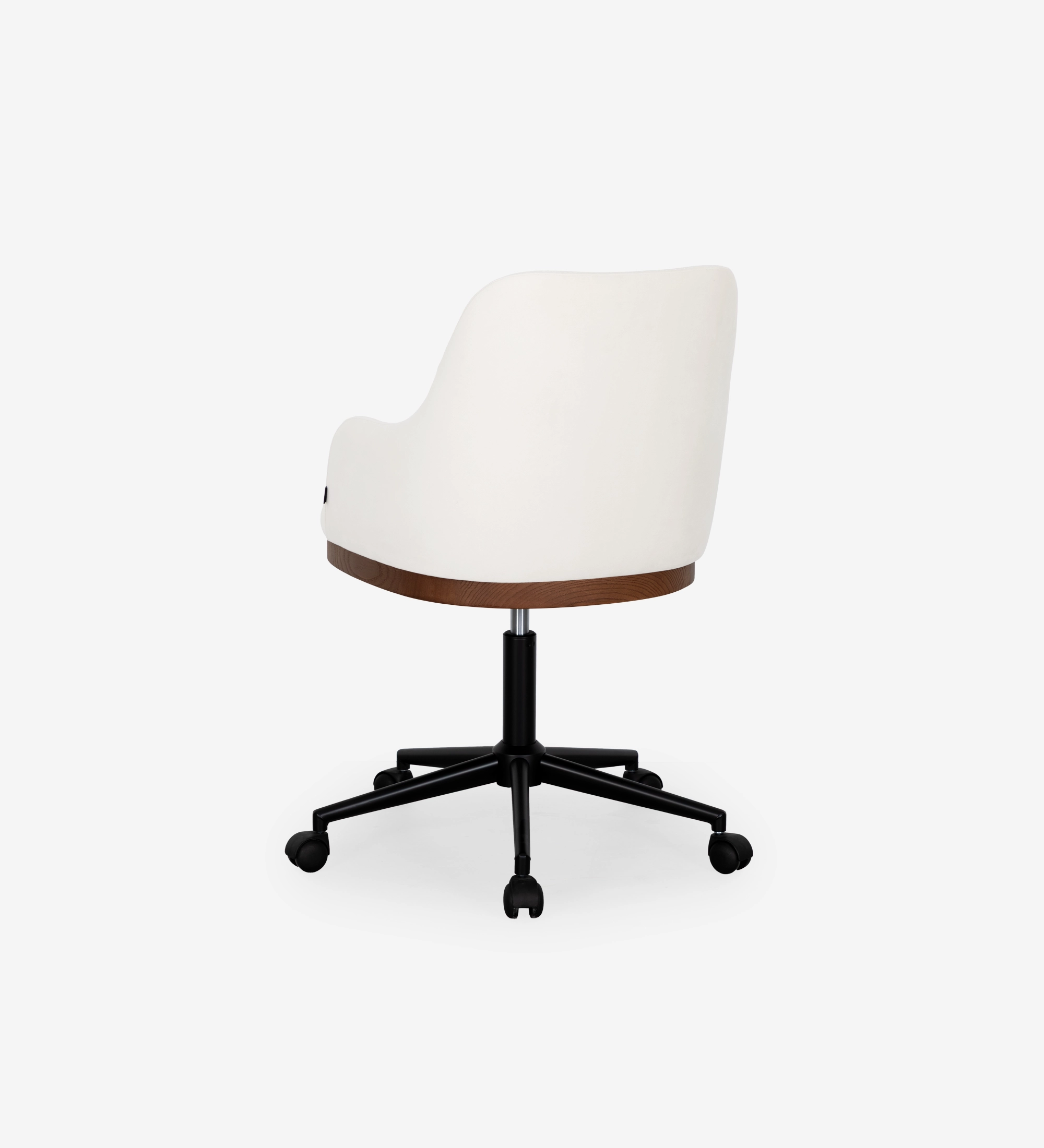 Silla ejecutiva giratoria, tapizada en tela blanca, con detalle en nogal.