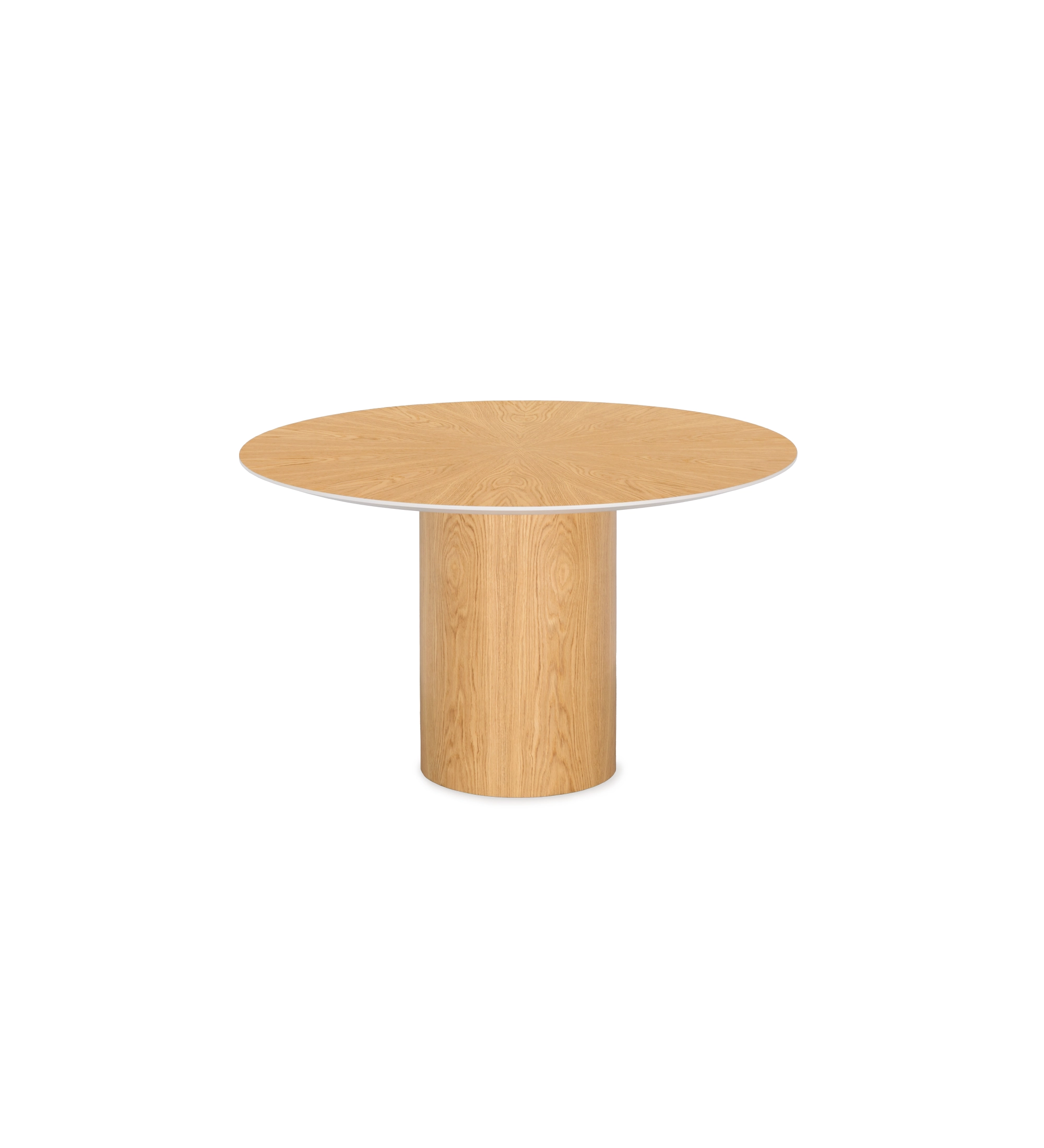 Mesa de comedor Geneve redonda Ø 130 cm, sobre en espiga y base en roble natural, detalle del sobre lacado en perla.