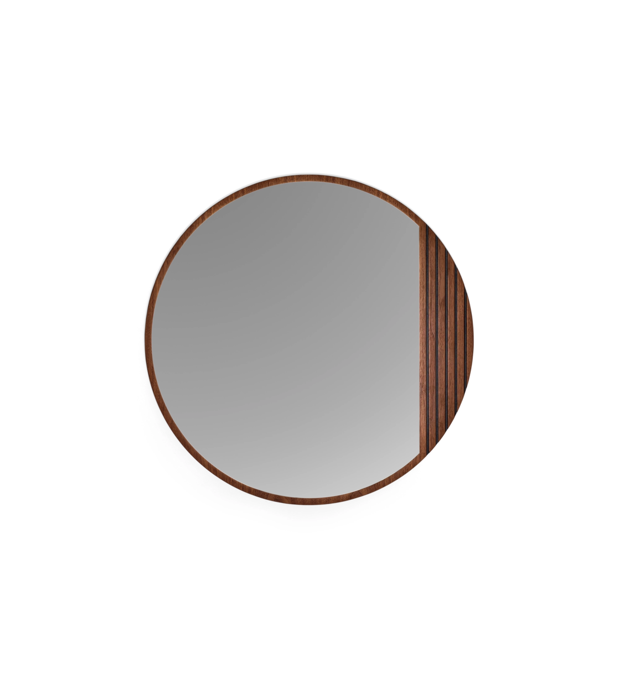 Round mirror with friezes in natural walnut