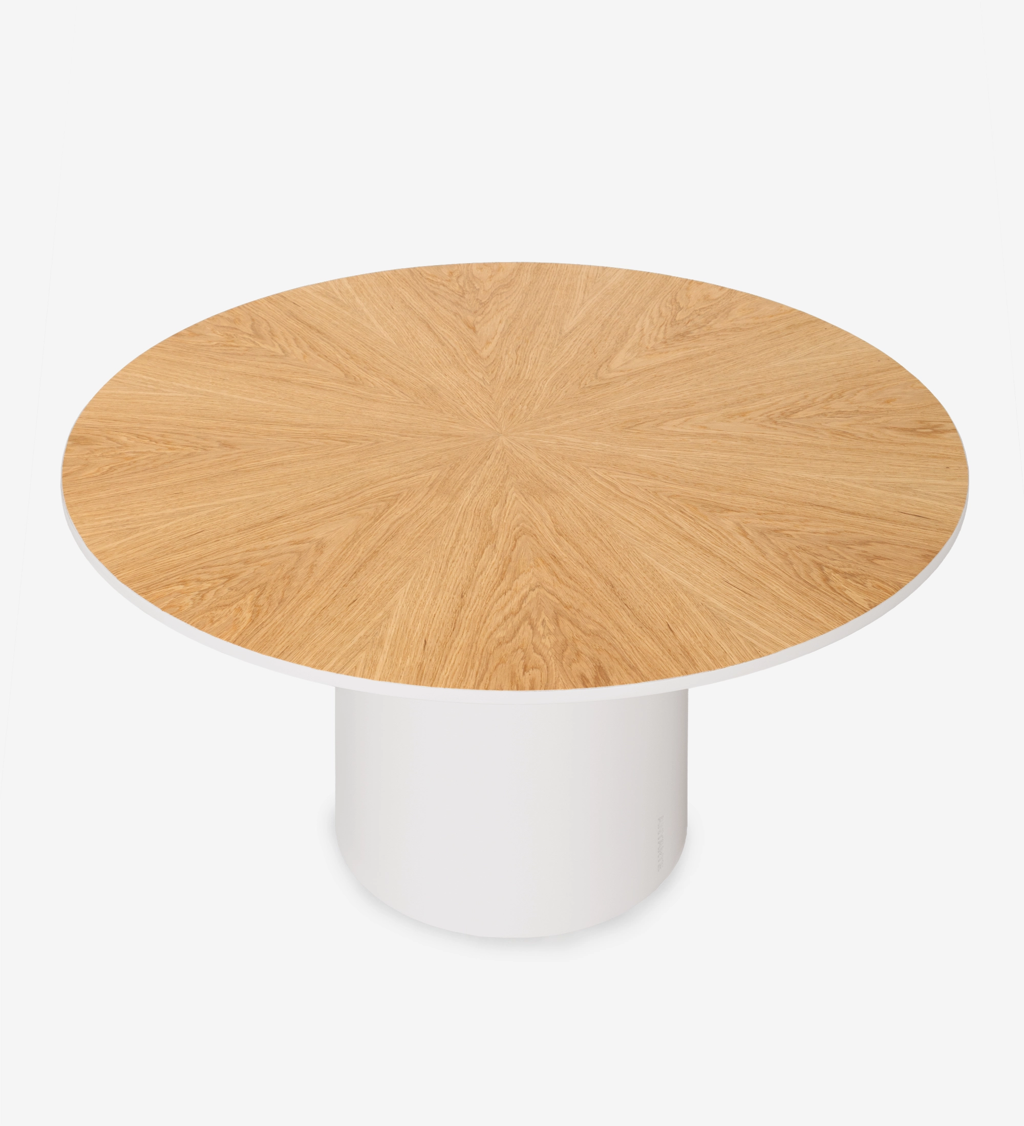 Mesa de centro Paris redonda , tapa en roble natural, pie lacado perla, Ø 75 cm.