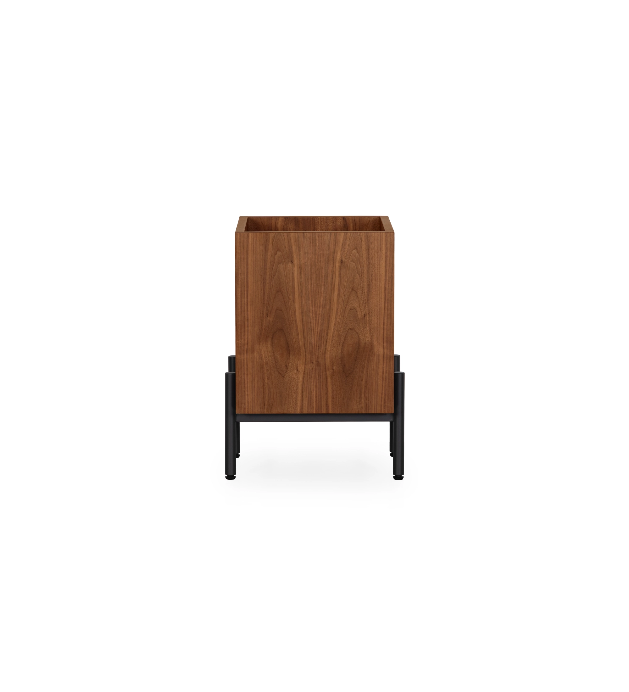 Suporte para vasos em nogueira natural, com pés metálicos lacados a negro com niveladores.