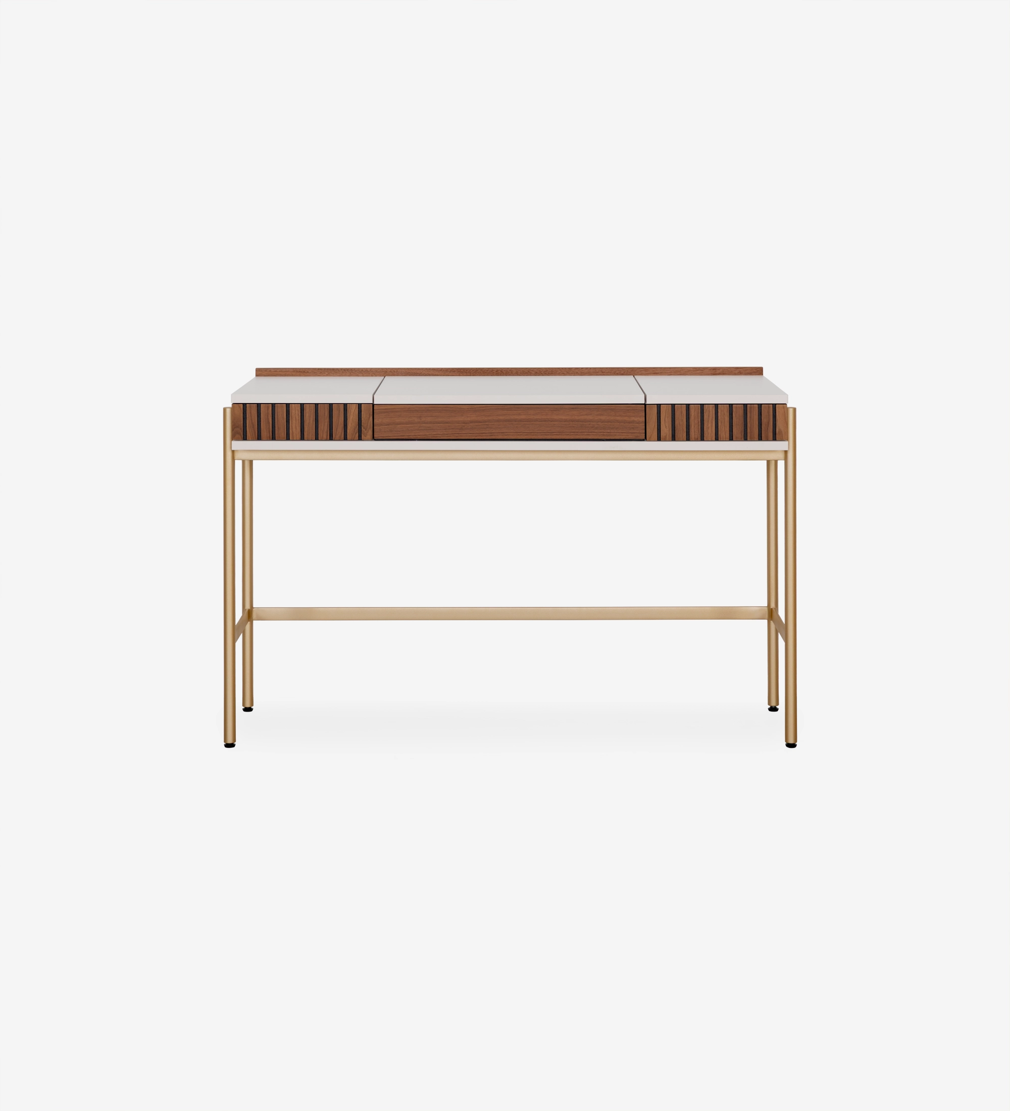 Dressing Table with 2 drawers with natural walnut friezes, pearl structure and gold lacquered metal feet with levelers.