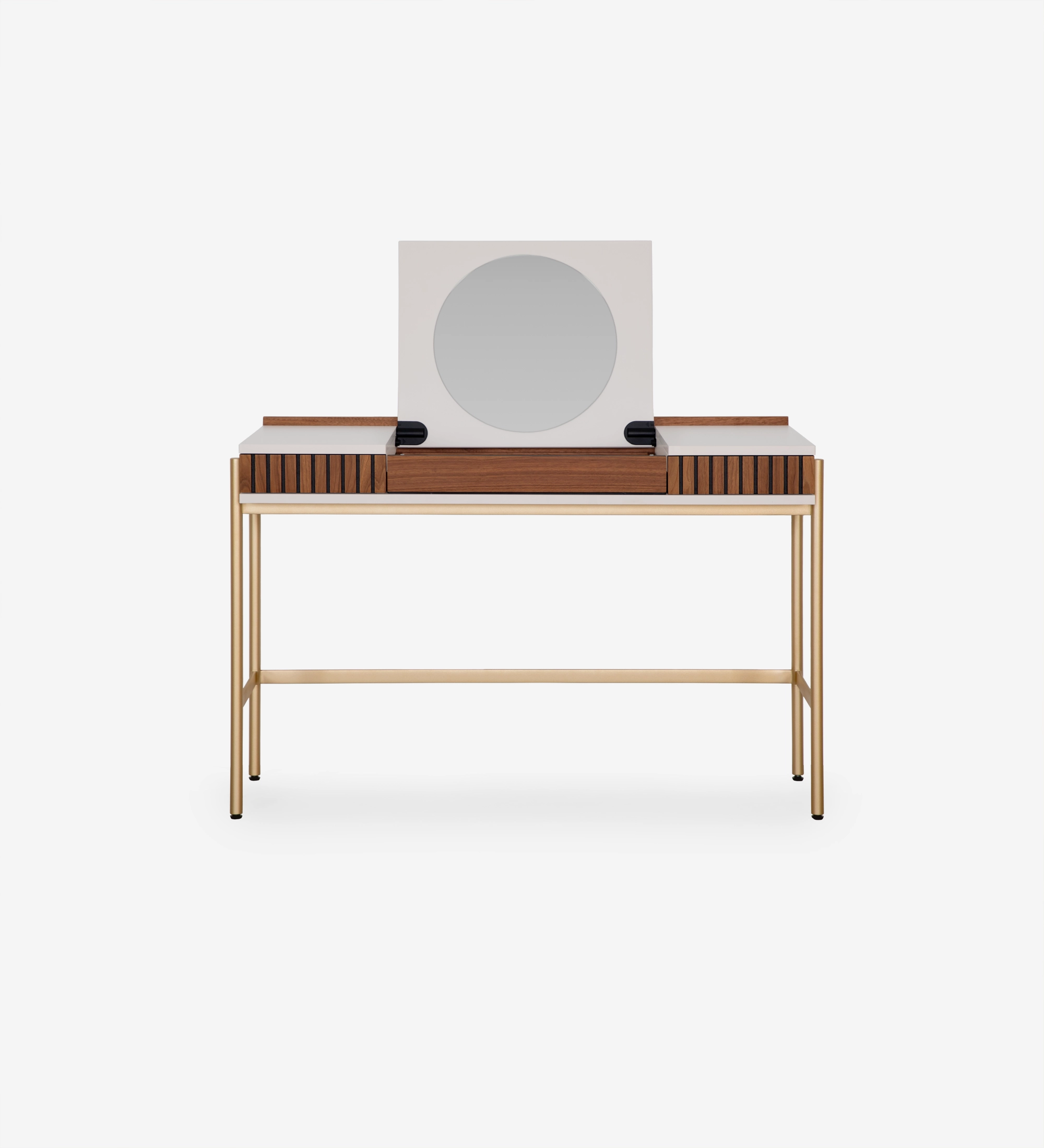Dressing Table with 2 drawers with natural walnut friezes, pearl structure and gold lacquered metal feet with levelers.