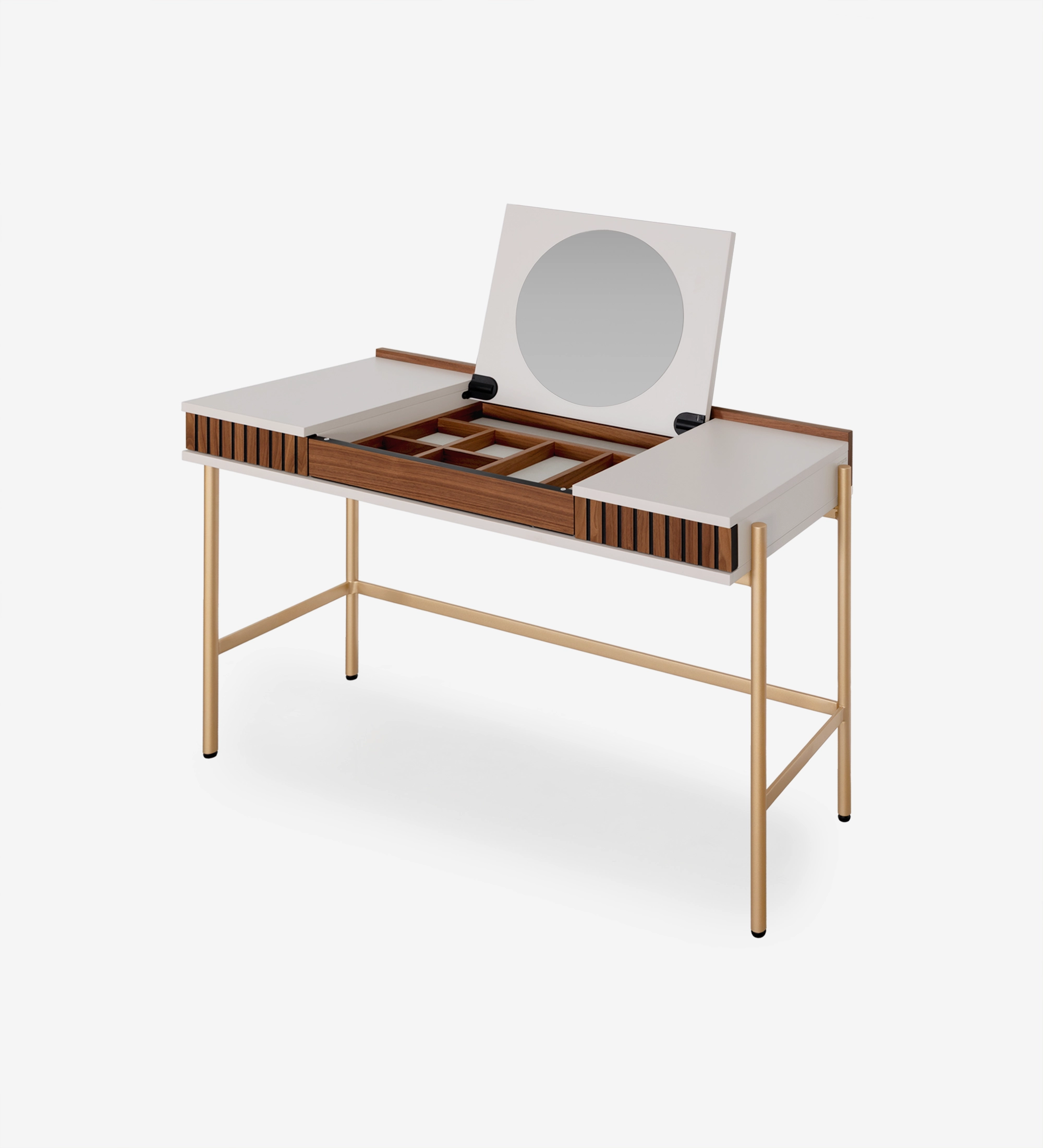Dressing Table with 2 drawers with natural walnut friezes, pearl structure and gold lacquered metal feet with levelers.