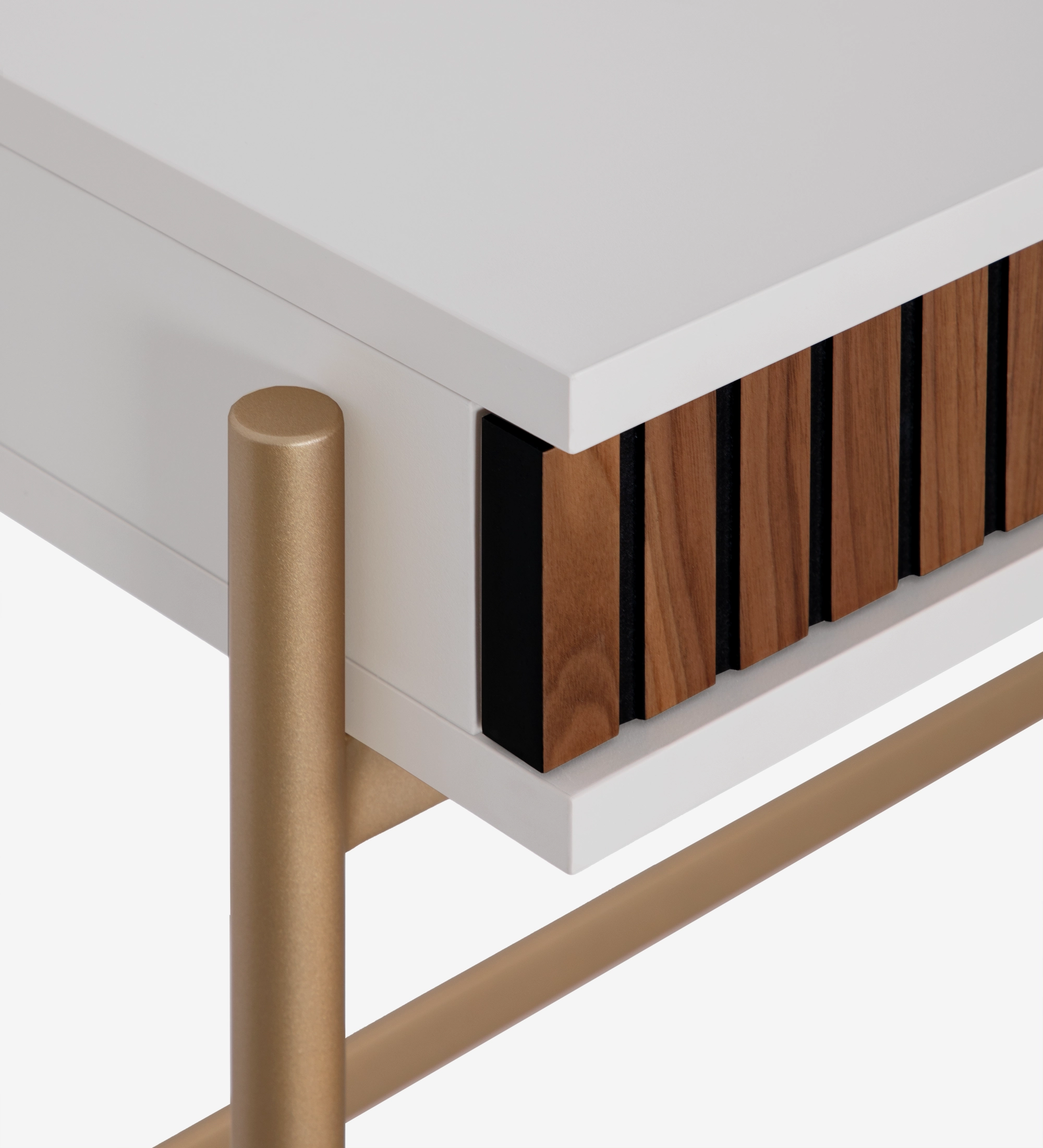 Dressing Table with 2 drawers with natural walnut friezes, pearl structure and gold lacquered metal feet with levelers.