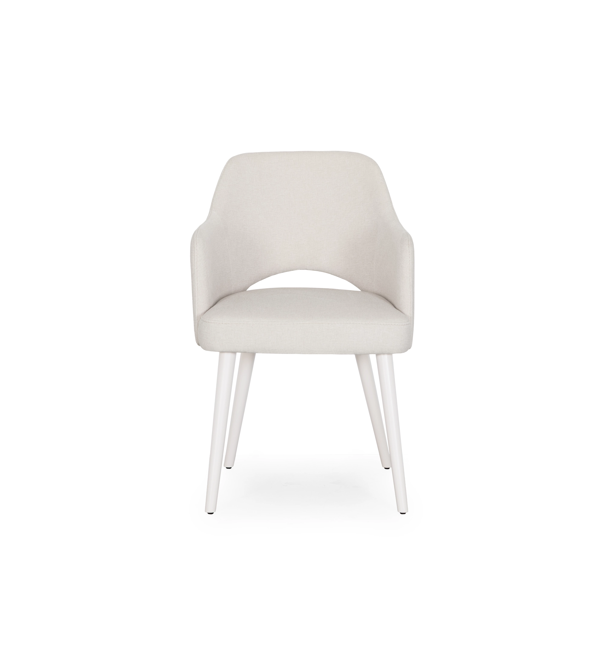 Silla con brazos en tela perla y pie lacado perla.
