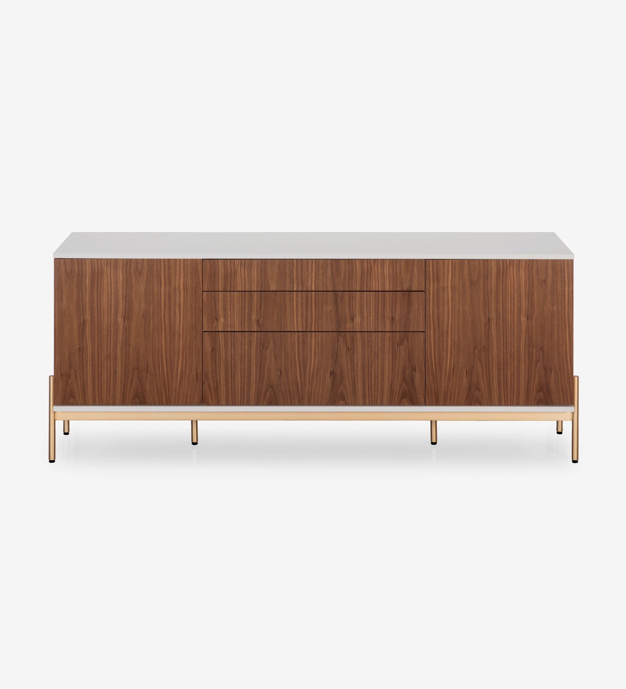 Sideboard with 2 doors, 1 hinged door and two natural walnut drawers, pearl structure and gold lacquered metal legs with levelers.