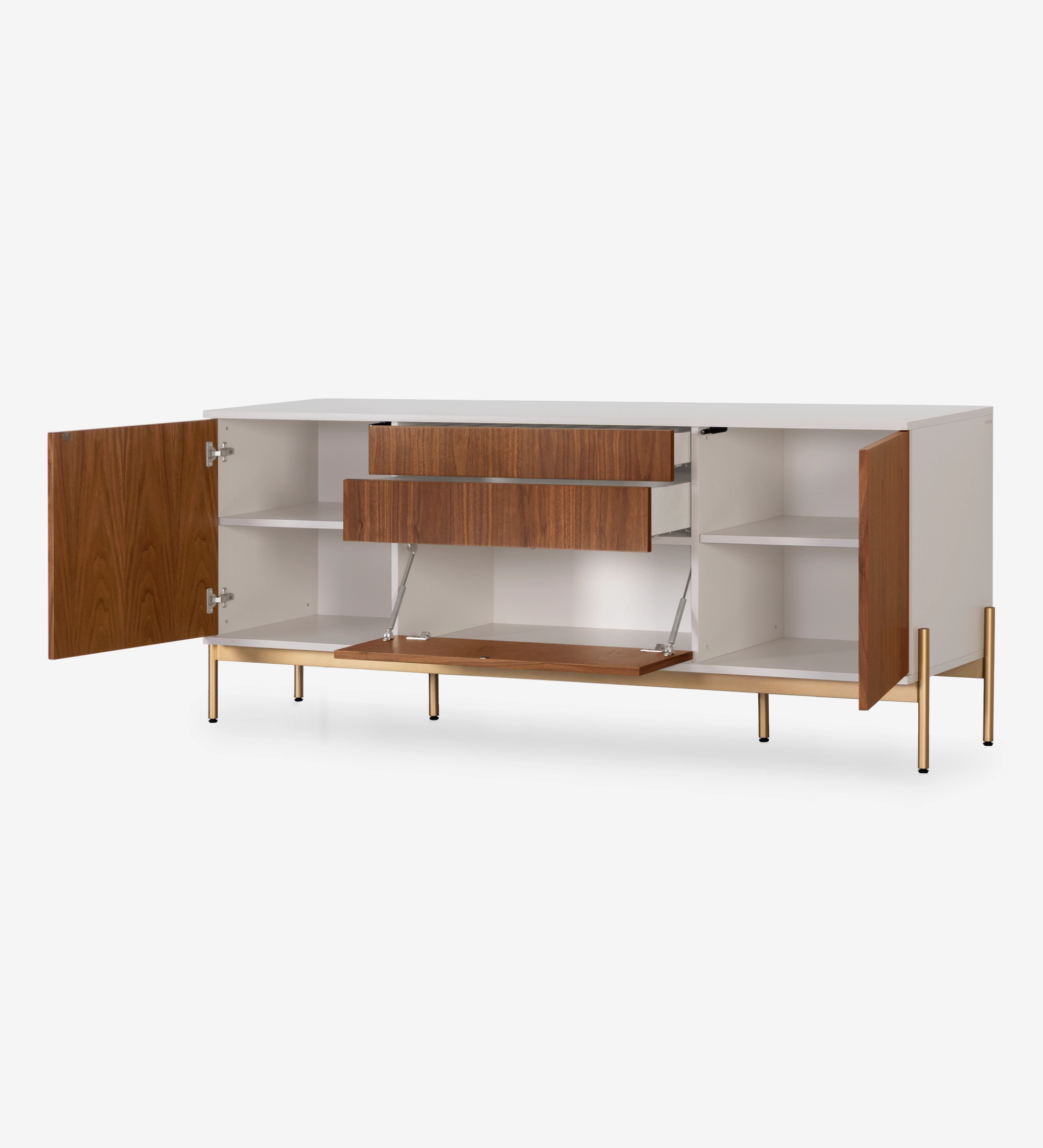 Sideboard with 2 doors, 1 hinged door and two natural walnut drawers, pearl structure and gold lacquered metal legs with levelers.