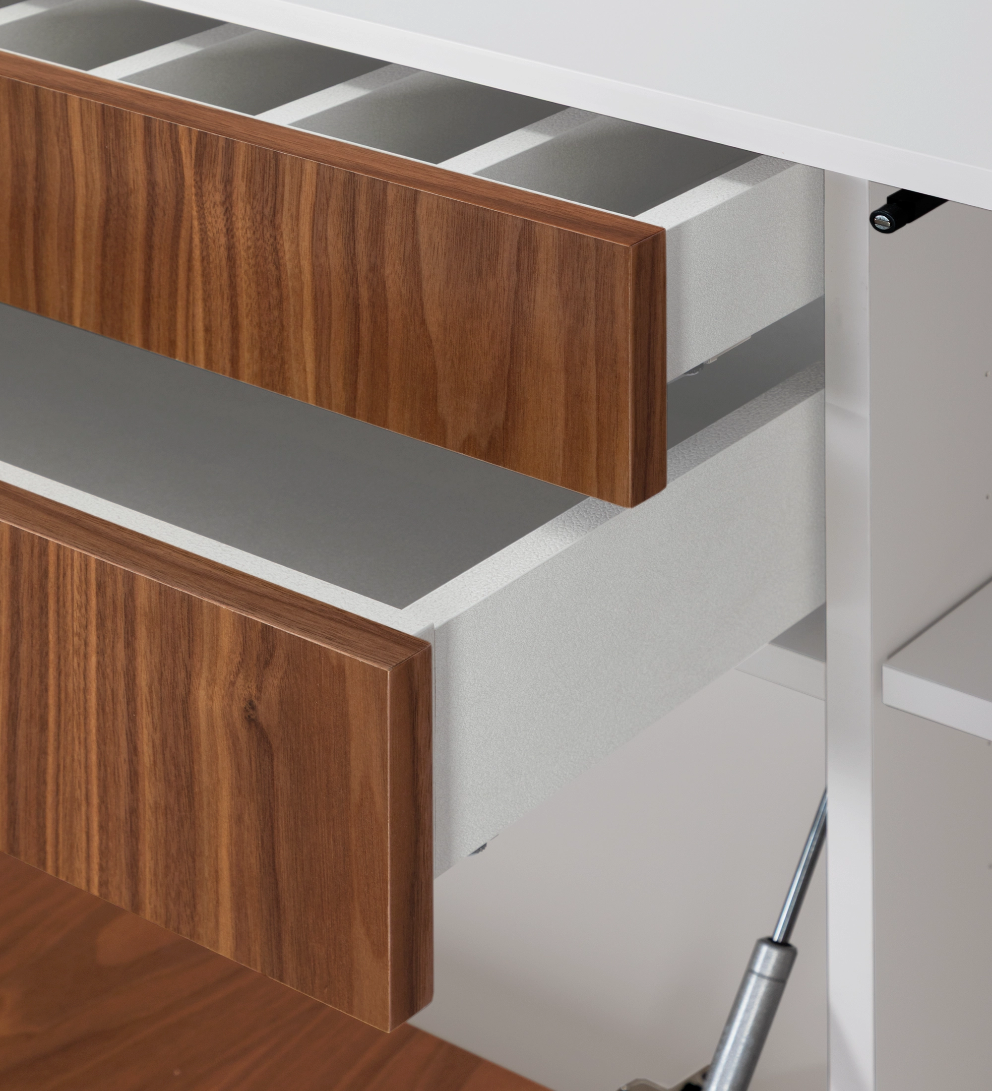 Sideboard with 2 doors, 1 hinged door and two natural walnut drawers, pearl structure and gold lacquered metal legs with levelers.