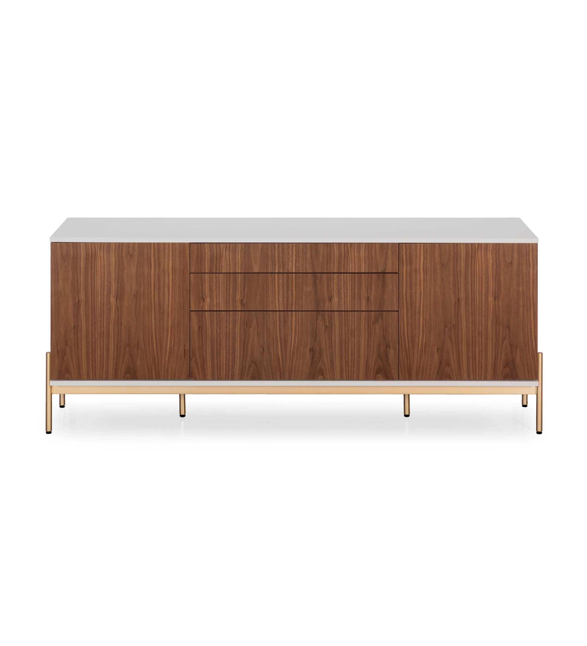 Sideboard with 2 doors, 1 hinged door and two natural walnut drawers, pearl structure and gold lacquered metal legs with levelers.