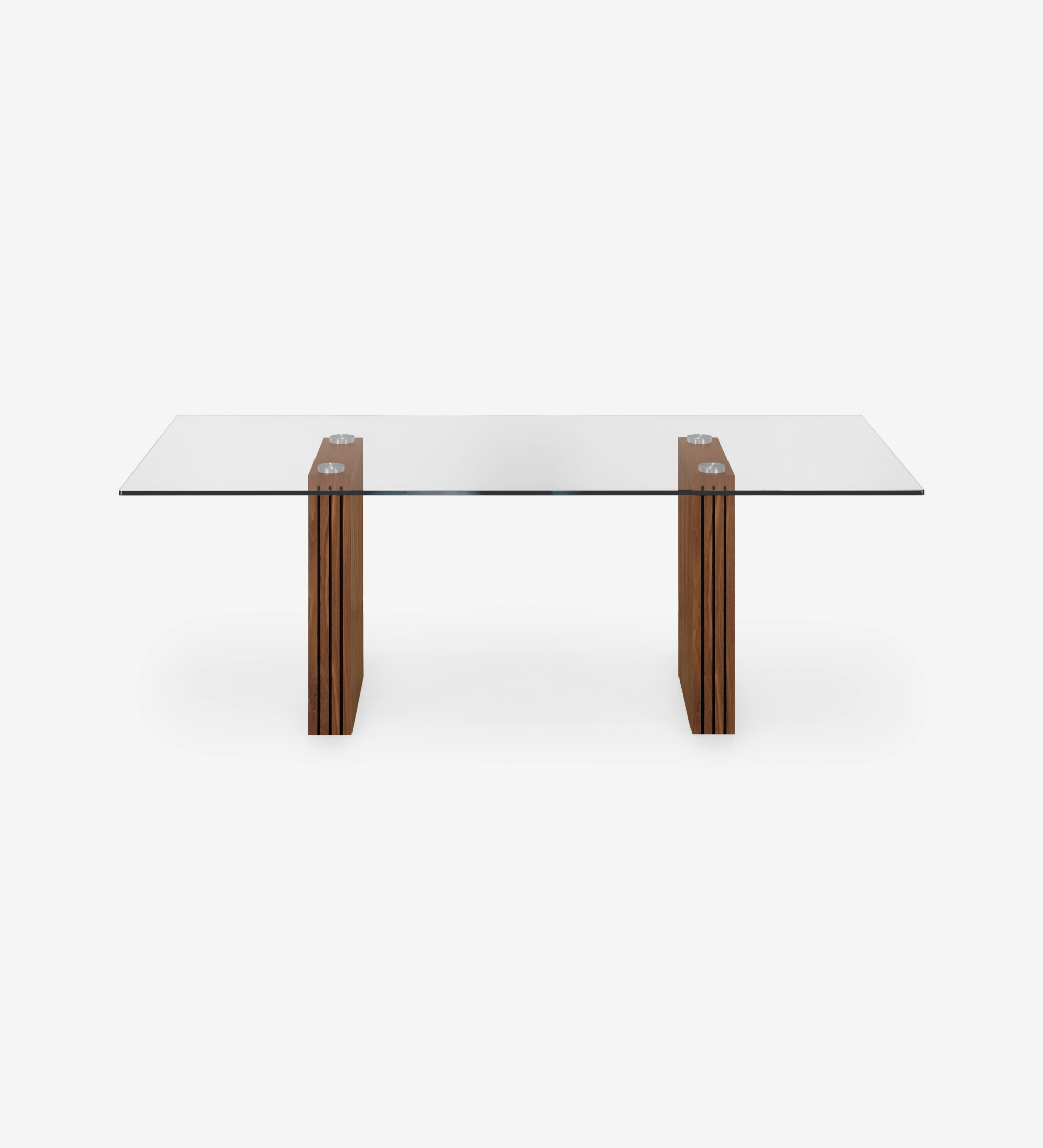 Table de repas rectangulaire Cannes 200 x 98 cm, plateau en verre, pieds en noyer naturel à frises.