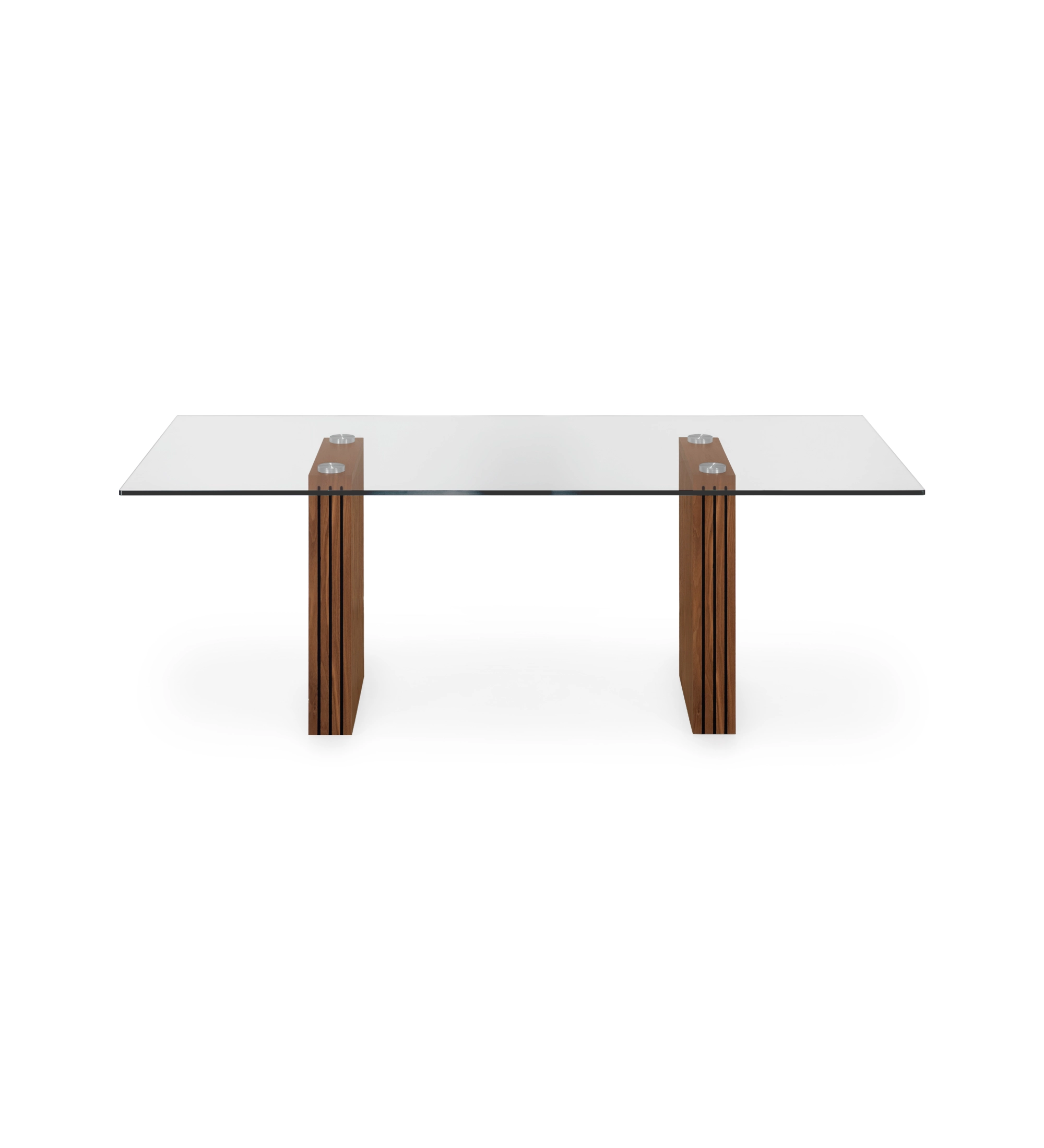 Table de repas rectangulaire Cannes 200 x 98 cm, plateau en verre, pieds en noyer naturel à frises.