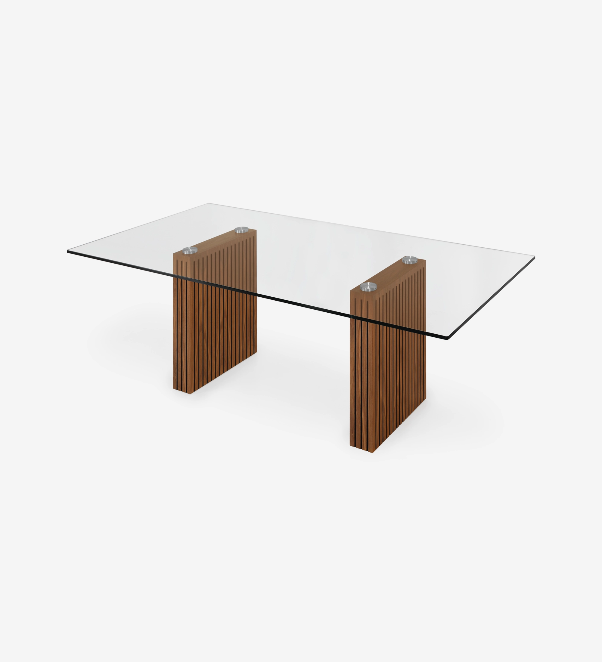 Table de repas rectangulaire Cannes 200 x 98 cm, plateau en verre, pieds en noyer naturel à frises.