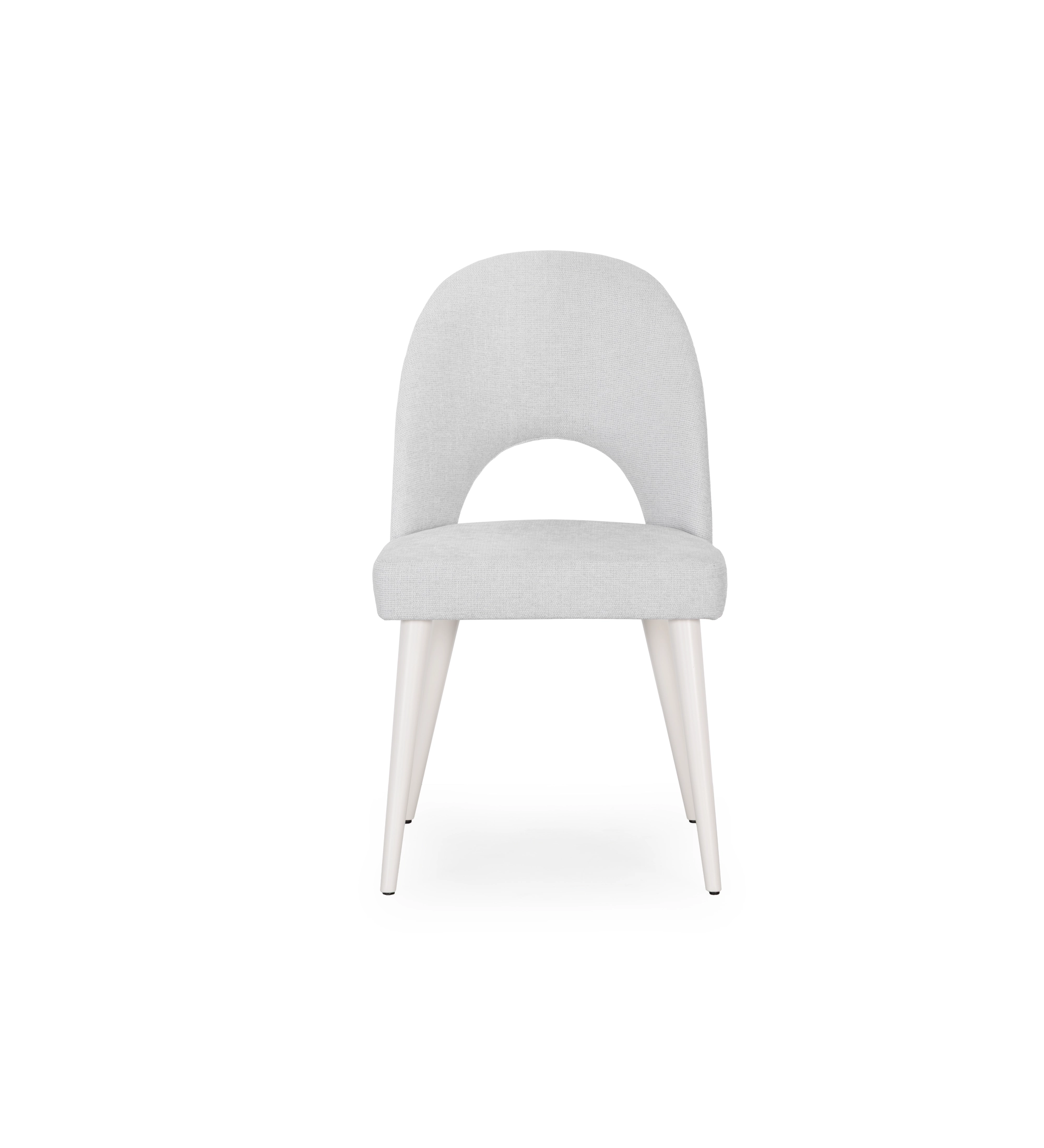 Chaise rembourré en tissu gris, pieds laquée perle.