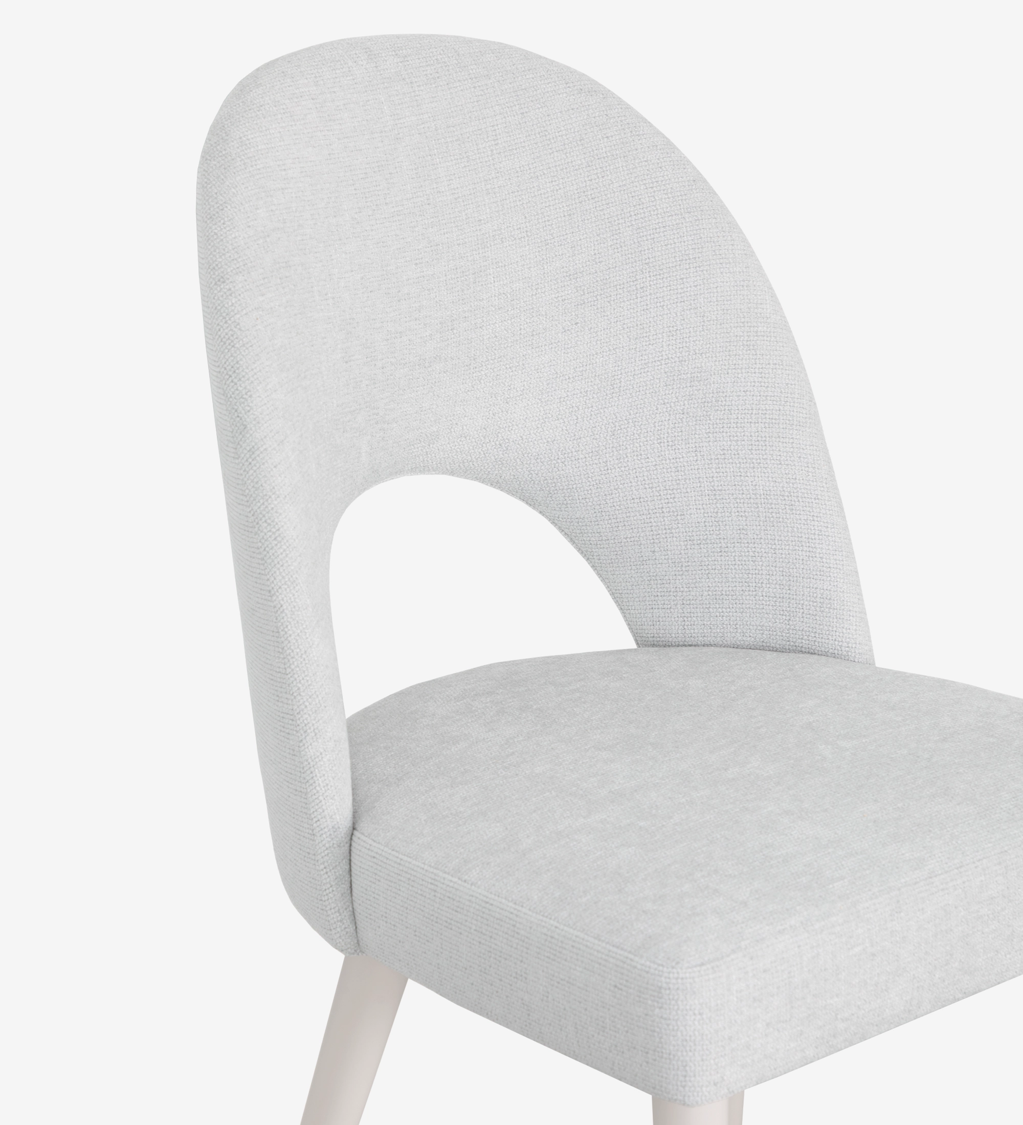 Chaise rembourré en tissu gris, pieds laquée perle.