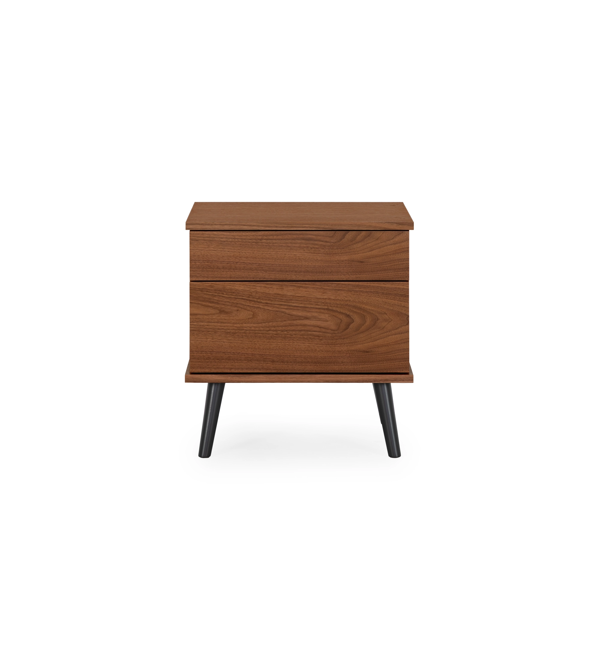Oslo bedside table with 2 drawers and structure in natural walnut veneer. Black lacquered legs. Dimensions: 55 x 57.5 cm.