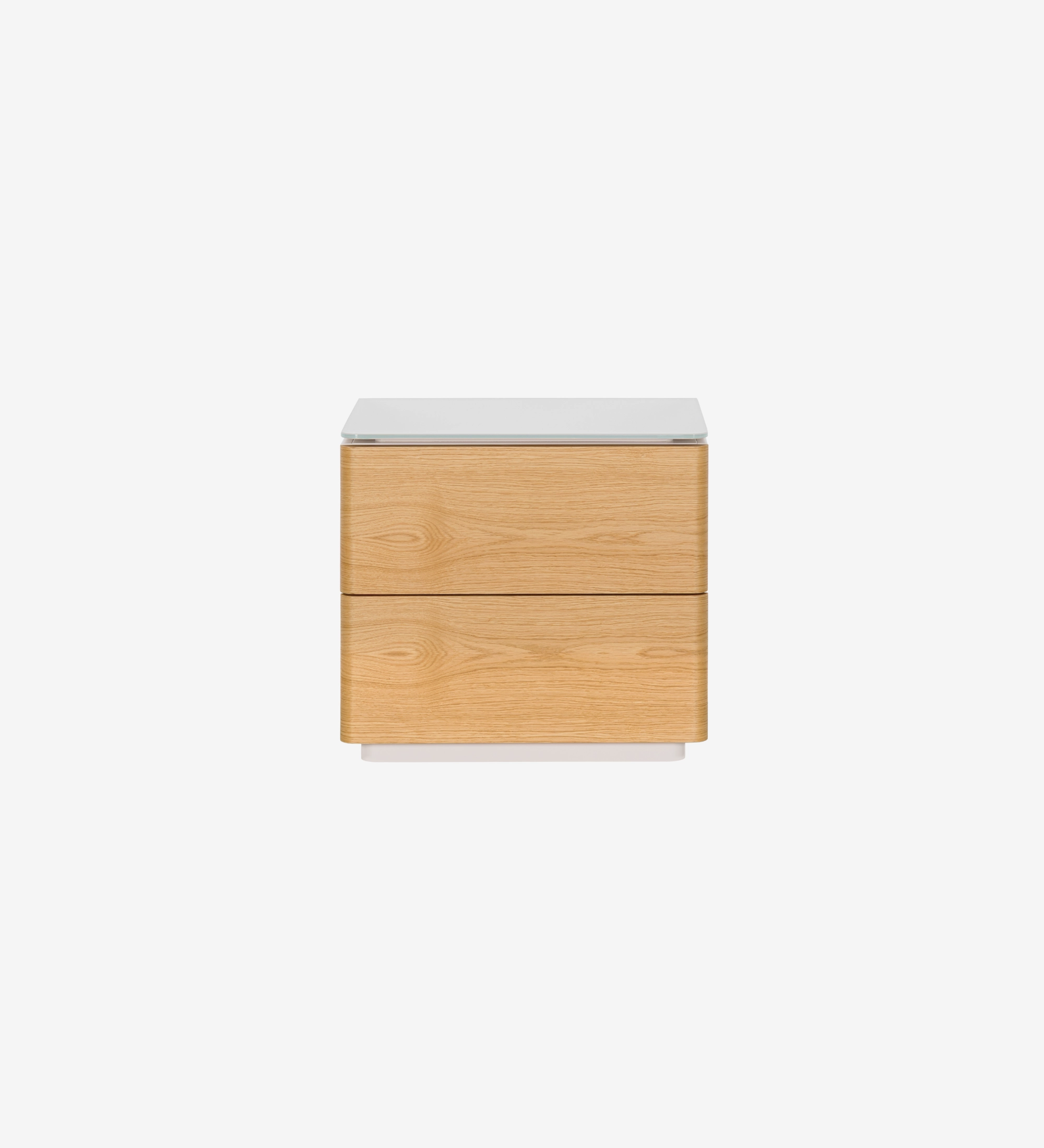 Table de chevet avec 2 tiroirs en chêne naturel, structure laquée perle avec plateau en verre