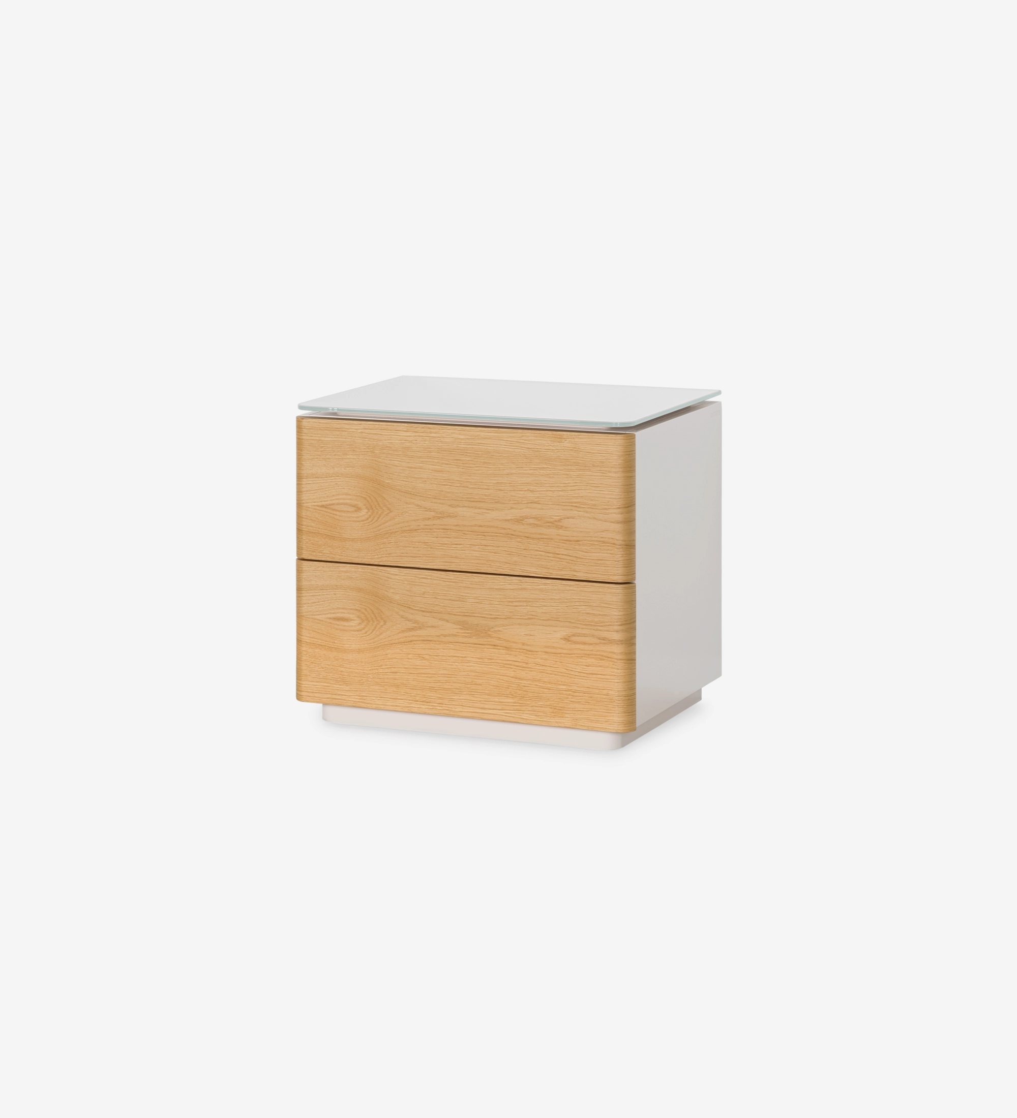Table de chevet avec 2 tiroirs en chêne naturel, structure laquée perle avec plateau en verre