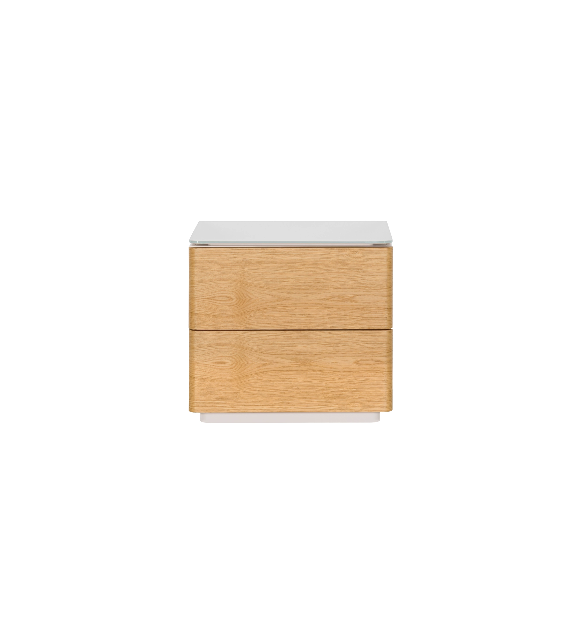 Table de chevet avec 2 tiroirs en chêne naturel, structure laquée perle avec plateau en verre