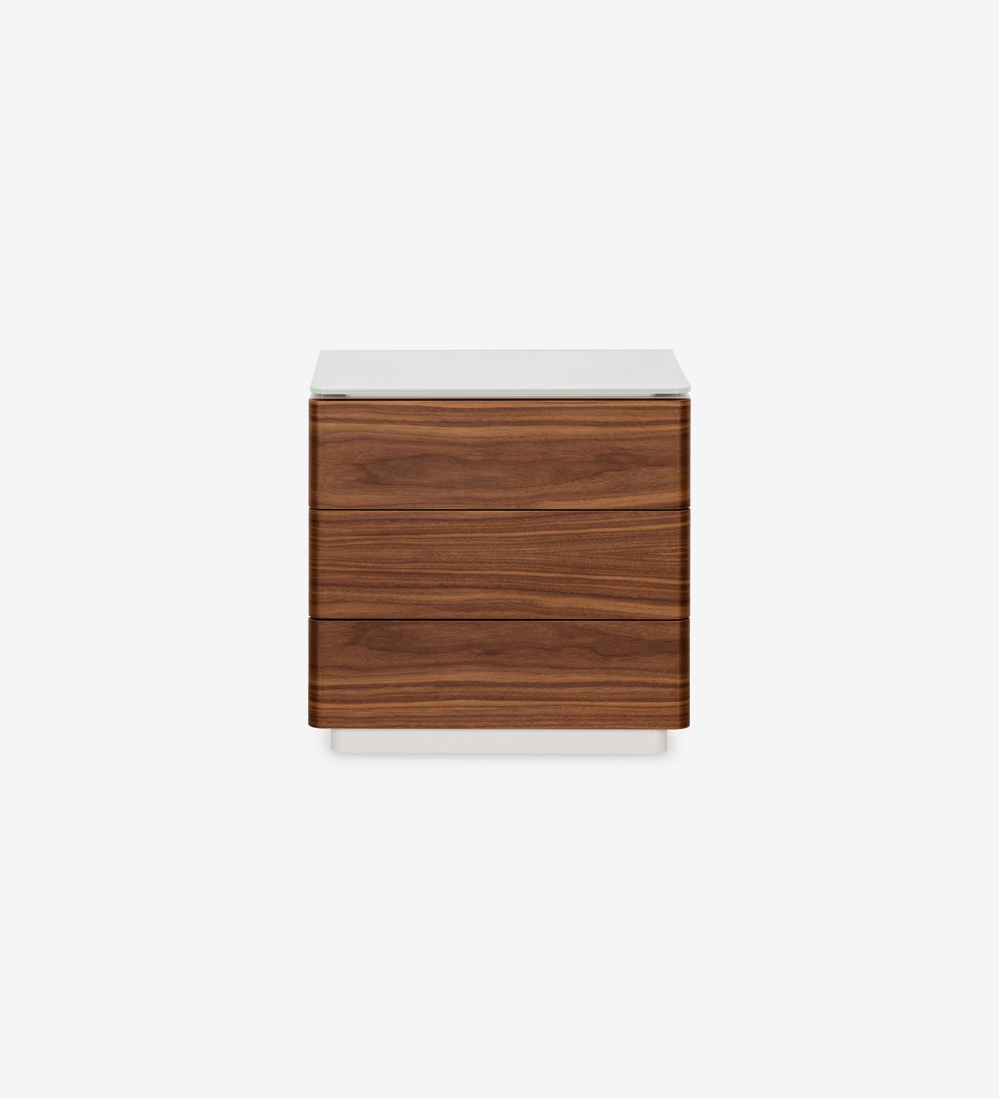 Mesa de cabeceira com 3 gavetas em nogueira natural, estrutura lacada a pérola.