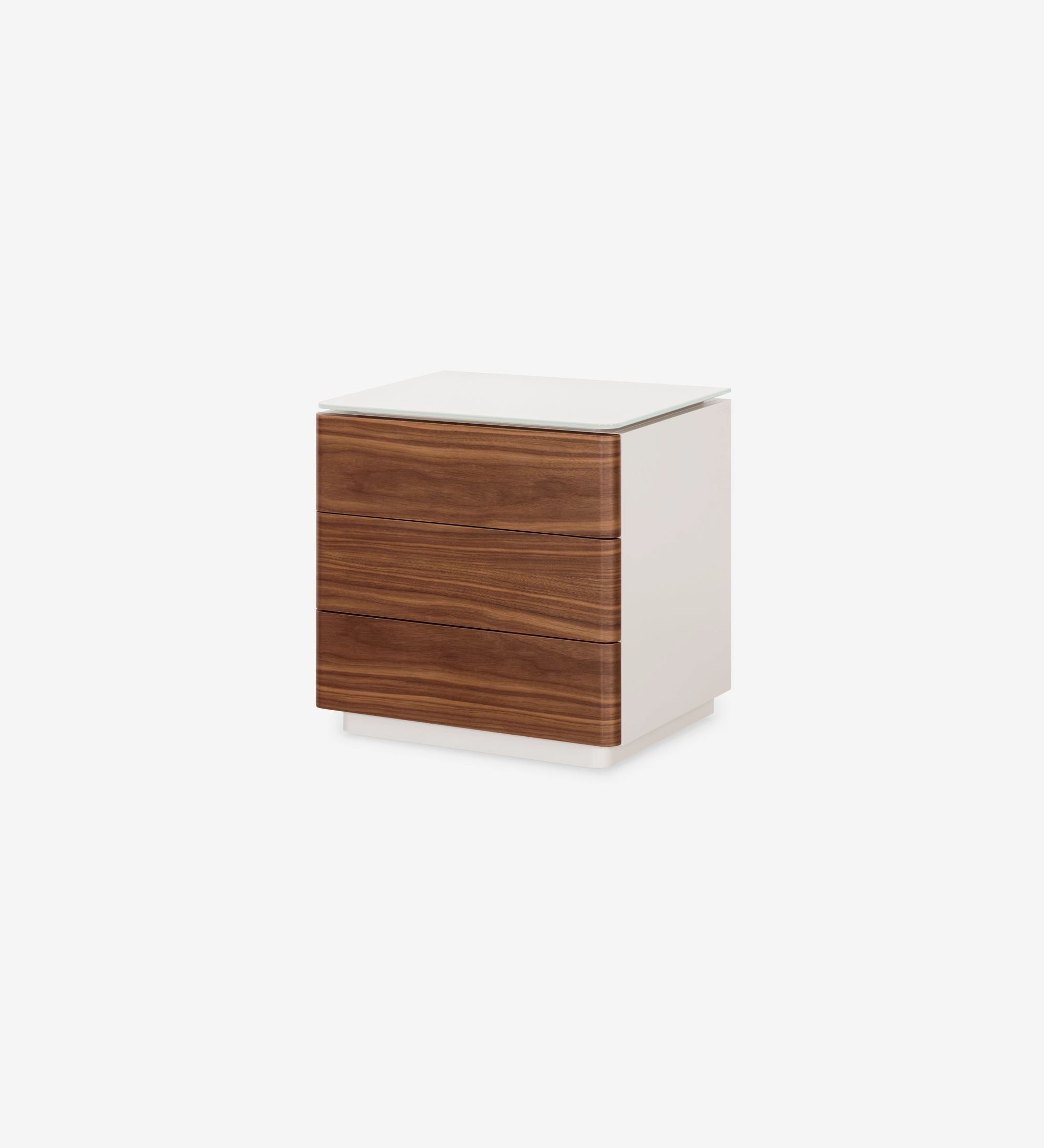 Mesa de cabeceira com 3 gavetas em nogueira natural, estrutura lacada a pérola.