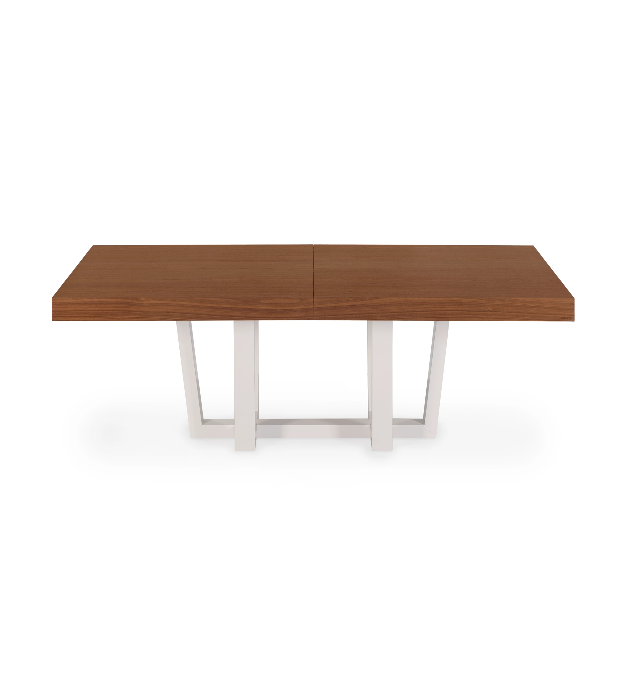 Table de repas rectangulaire extensible avec plateau en noyer naturel et pied laqué en perle.