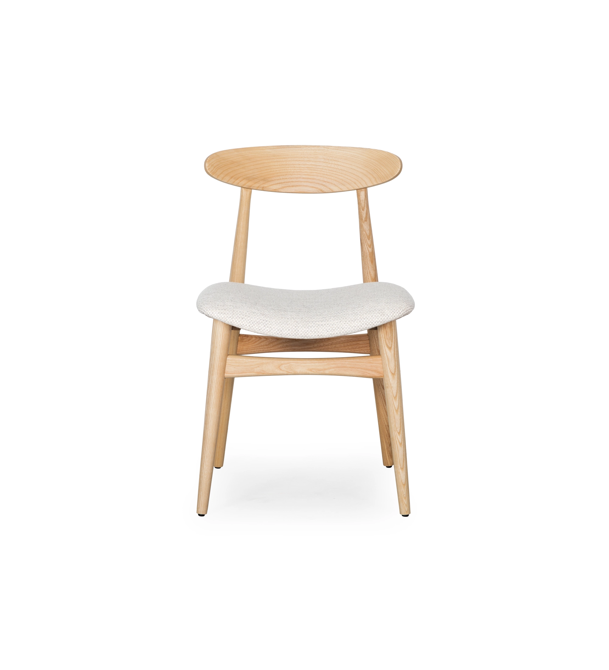 Natural color ash wood chair with pearl fabric upholstered seat.