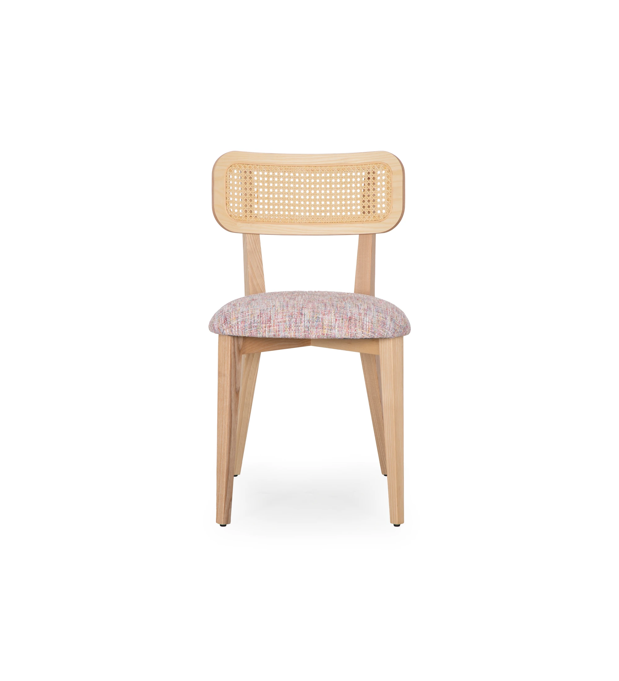 Silla de madera, con detalle de ratán en el respaldo y asiento tapizado en tejido multicolor, principalmente magenta