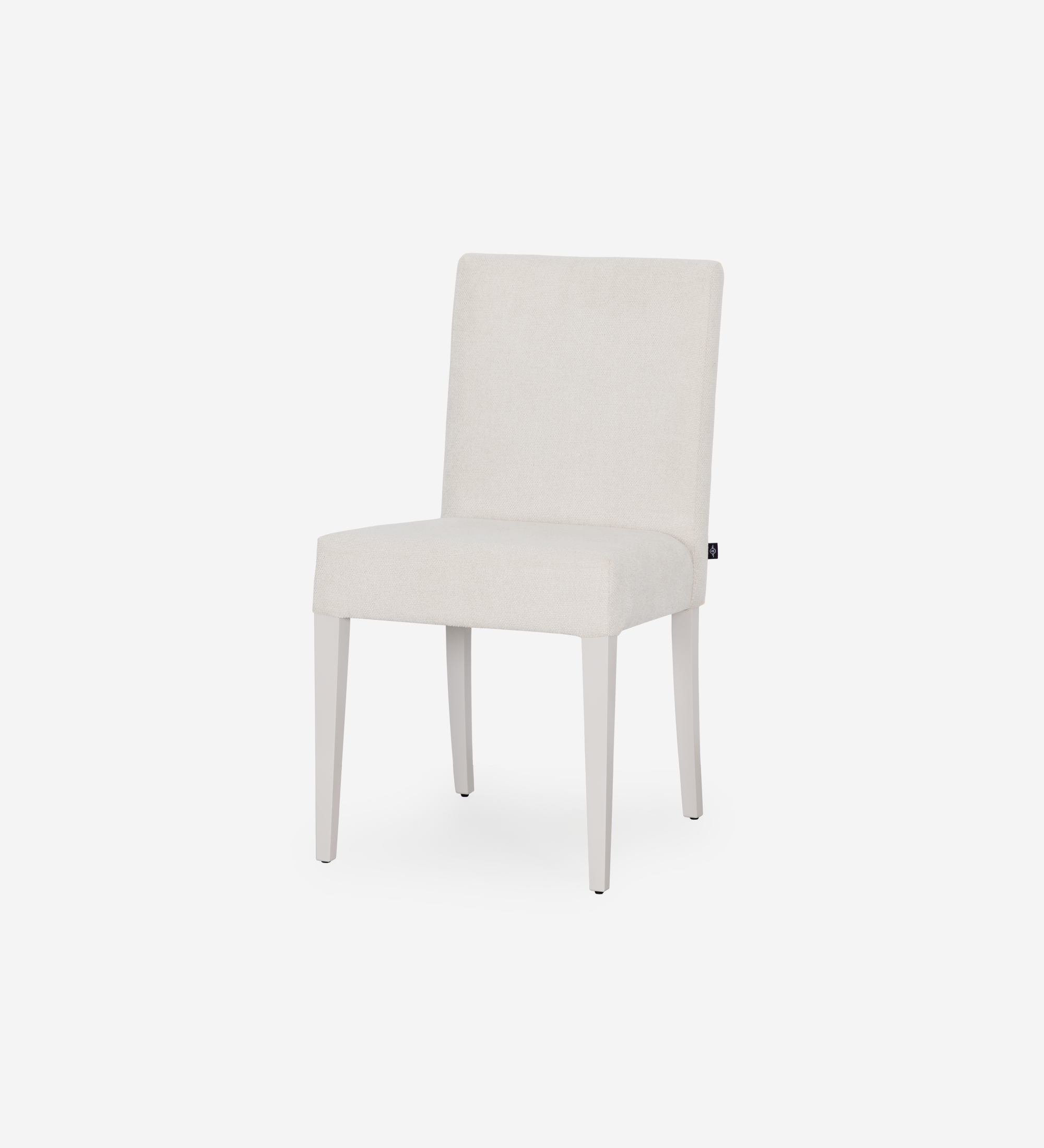 Chaise rembourrée en tissu, pieds laqués perle.