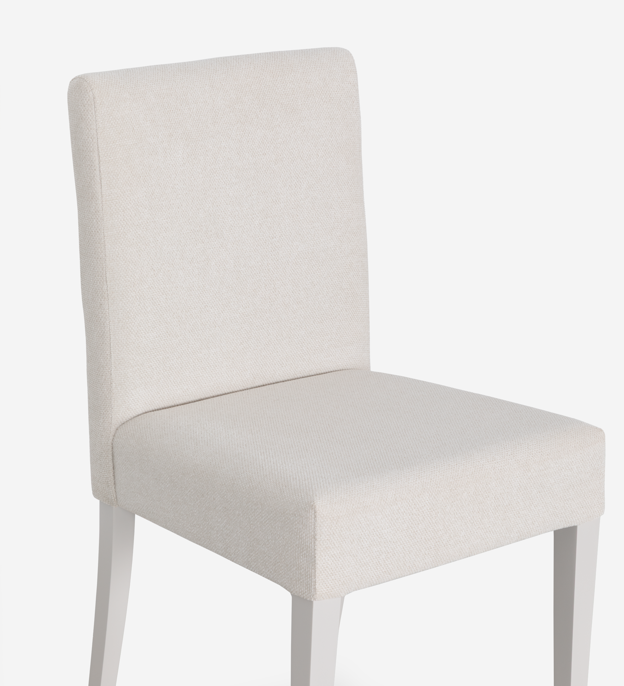 Chaise rembourrée en tissu, pieds laqués perle.