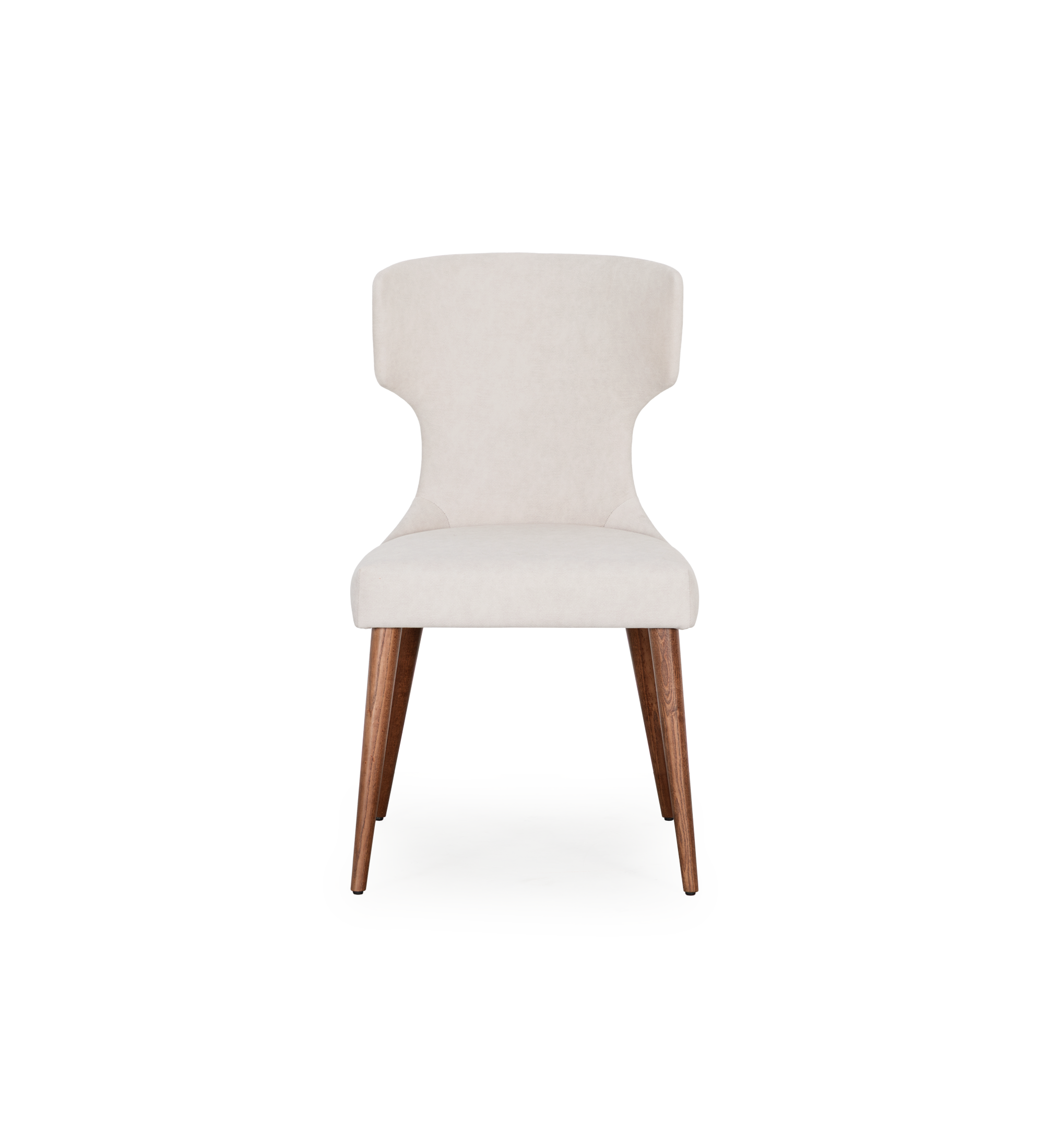 Chaise rembourrée en tissu perle, avec clous argentés au dos et pieds en frêne finition noyer.