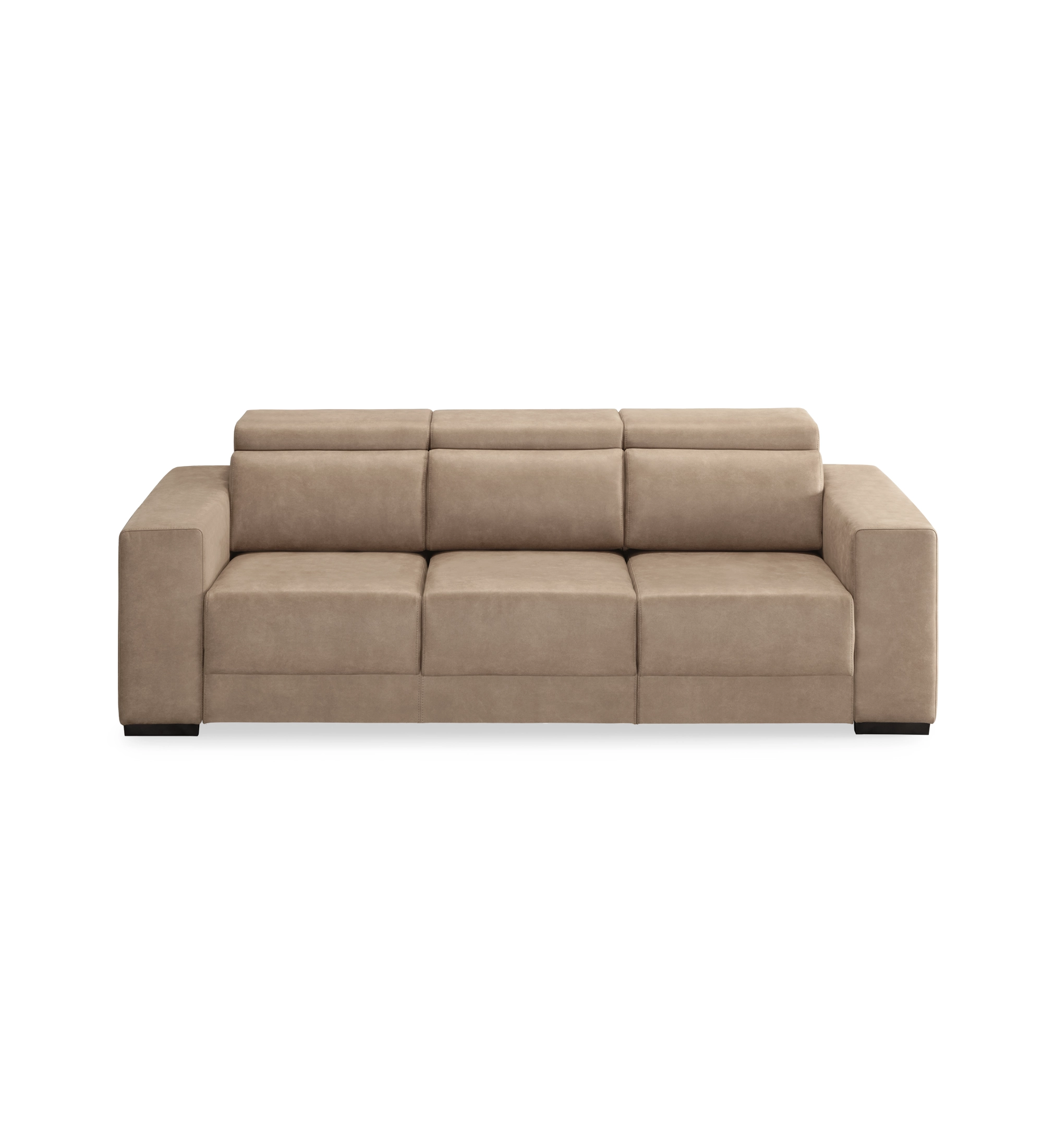 Sofá Oporto 3 plazas tapizado en tela camel, reposacabezas reclinables y asientos correderos, 250 cm.