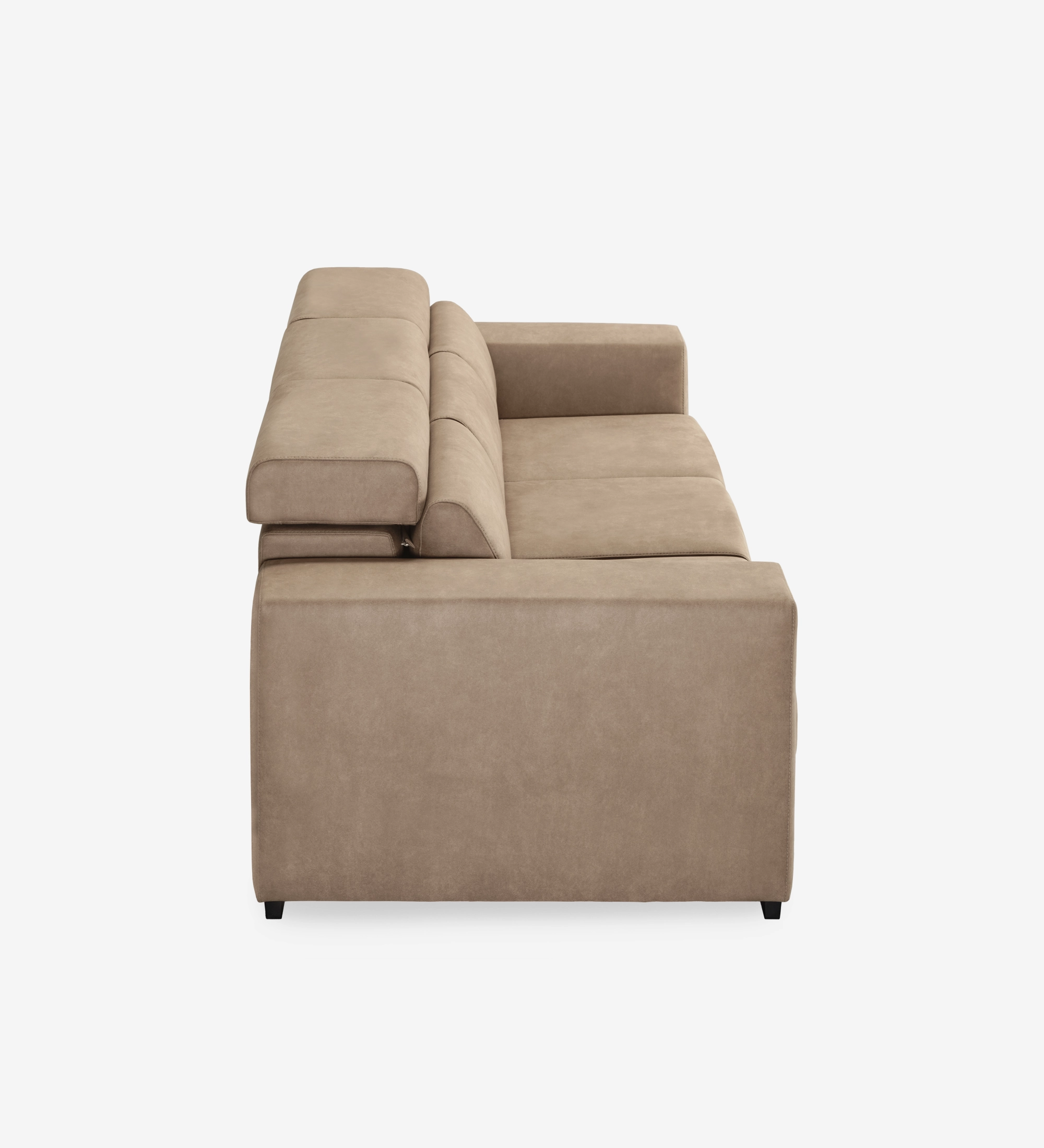 Sofá Oporto 3 plazas tapizado en tela camel, reposacabezas reclinables y asientos correderos, 250 cm.