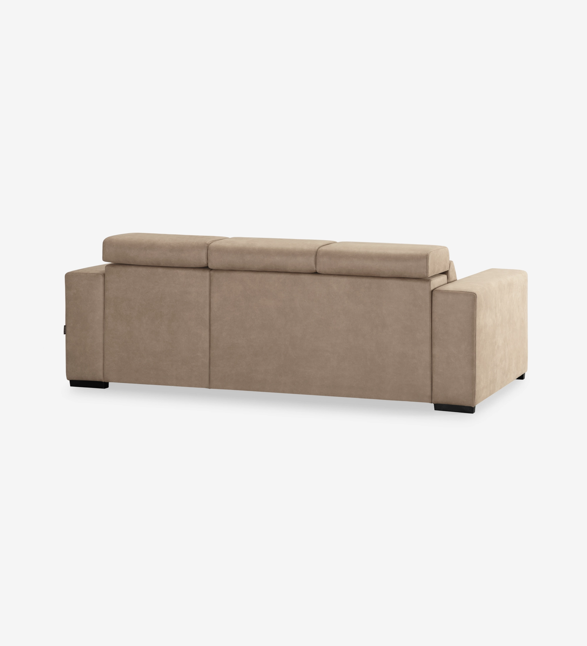 Sofá Oporto 3 plazas tapizado en tela camel, reposacabezas reclinables y asientos correderos, 250 cm.