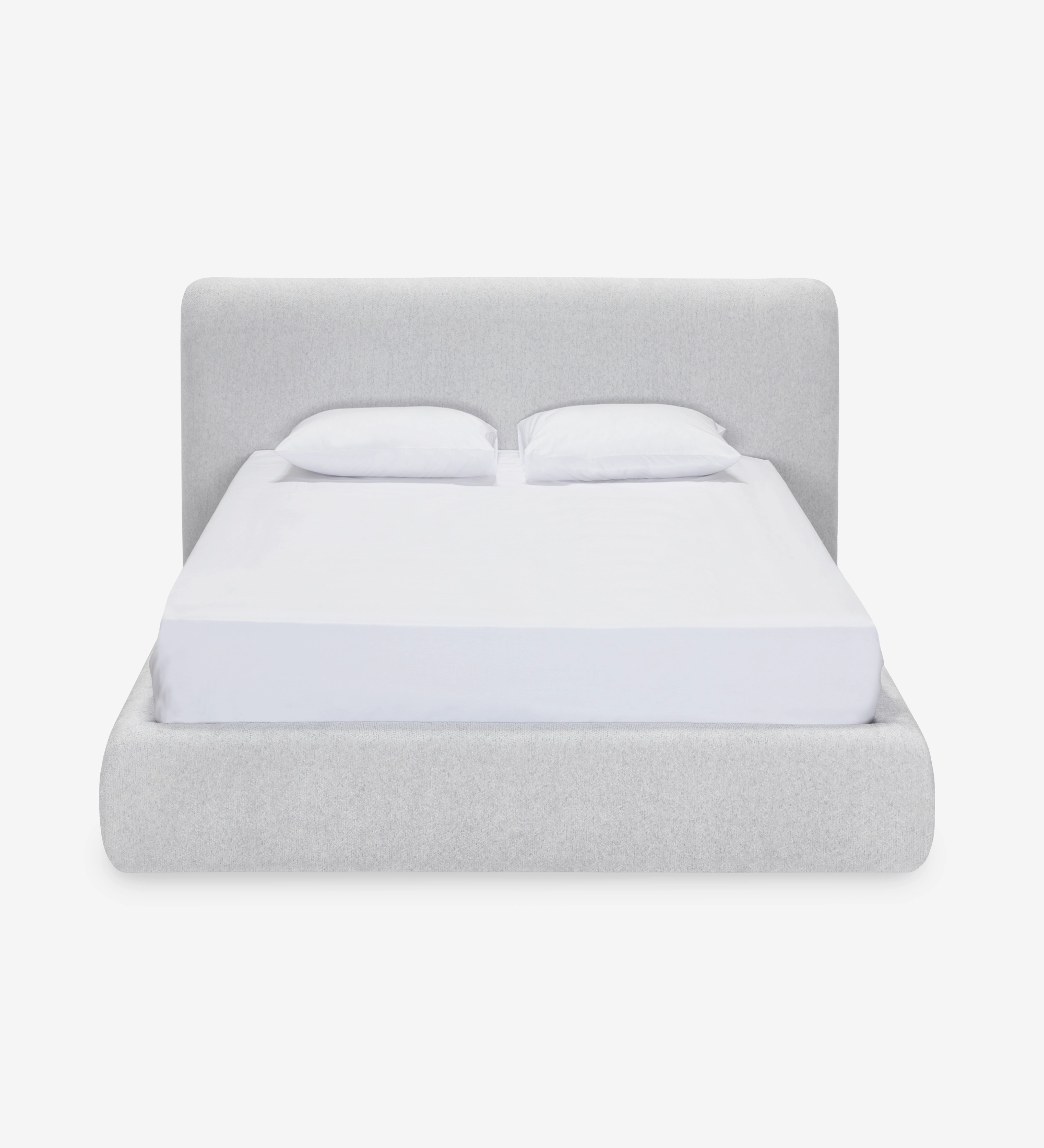 Double bed with short headboard, upholstered in grey fabric.