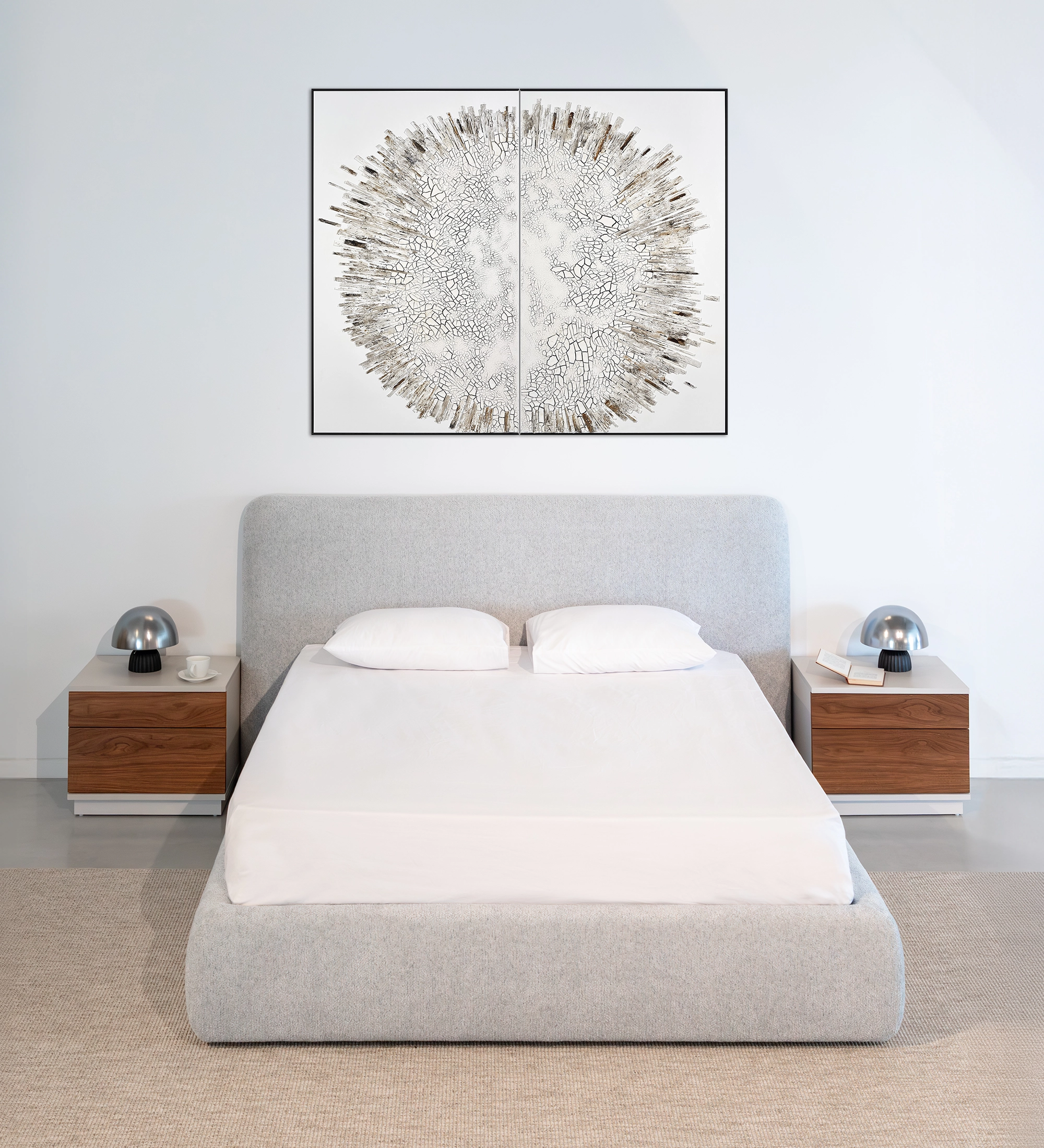 Double bed with short headboard, upholstered in grey fabric.